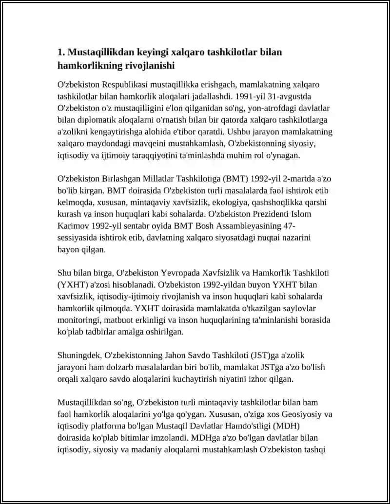 O'ZBEKISTONNING XALQARO TASHKILOTLAR BILAN HAMKORLIK ALOQALARI 3