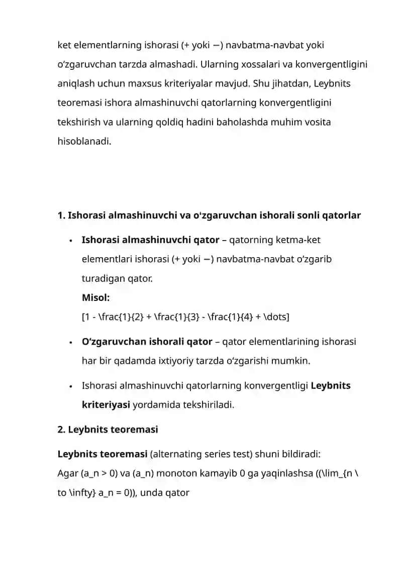 ISHORASI ALMASHINUVCHI VA OʻZGARUVCHAN ISHORALI SONLI QATORLAR, LEYBNITS TEOREMASI, ABSOLYUT VA SHARTLI YAQINLASHUVCHI QATORLAR, QOLDIQ HADI 3