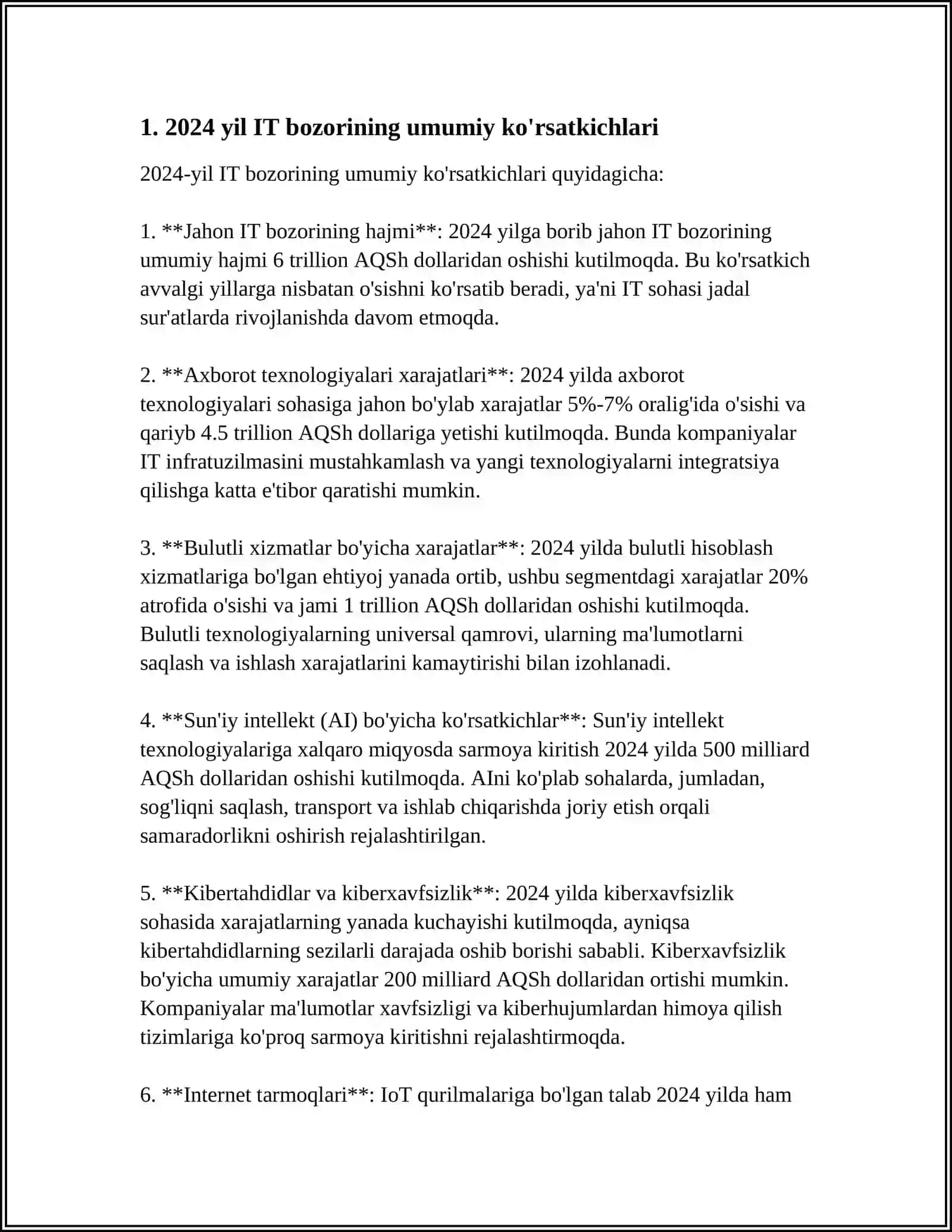 ʼʼIT BOZORINING UMUMIY TAHLILIʼʼ 2024 YILGI MALUMOTLAR ASOSIDA MAVZUSIDA MUSTAQIL ISH TAYYORLASH 10 LIST RASMLAR BILAN 3