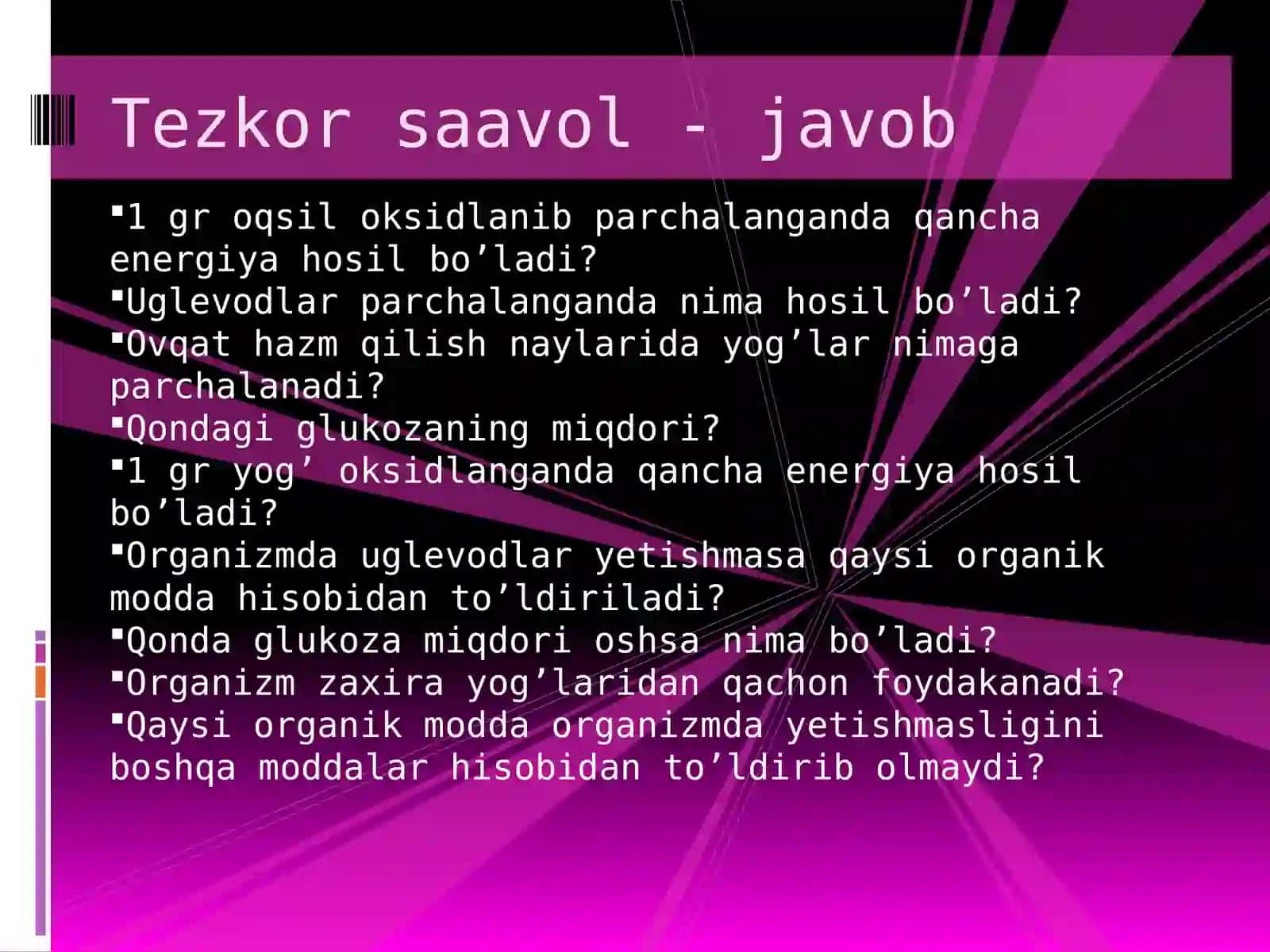 Oqsillar, karbonsuvlar va yog‘lar almashinuvi 3