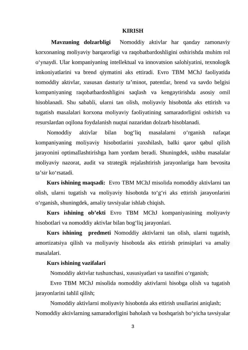 NOMODDIY AKTIVLARNI TAN OLISH TUGATILISHI VA MOLIYAVIY HISOBOTI (Evro TBM MCHJ) MISOLIDA 3