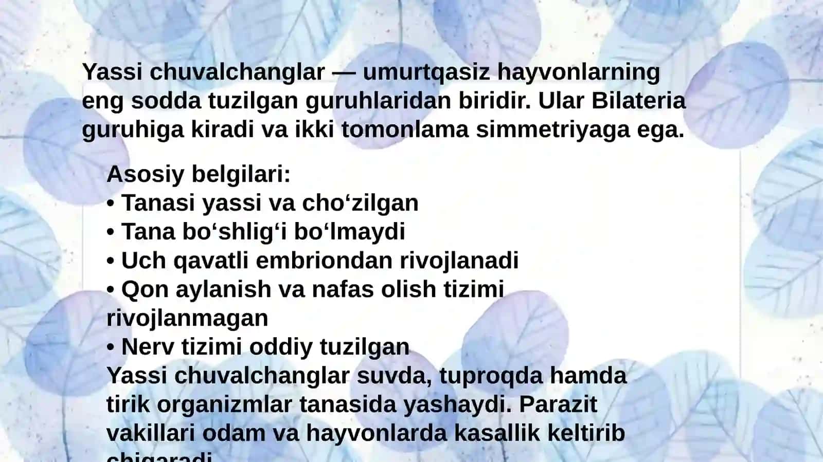 Yassi chuvalchanglarning rivojlanish sikli va parazitik hayot mahsuli 3