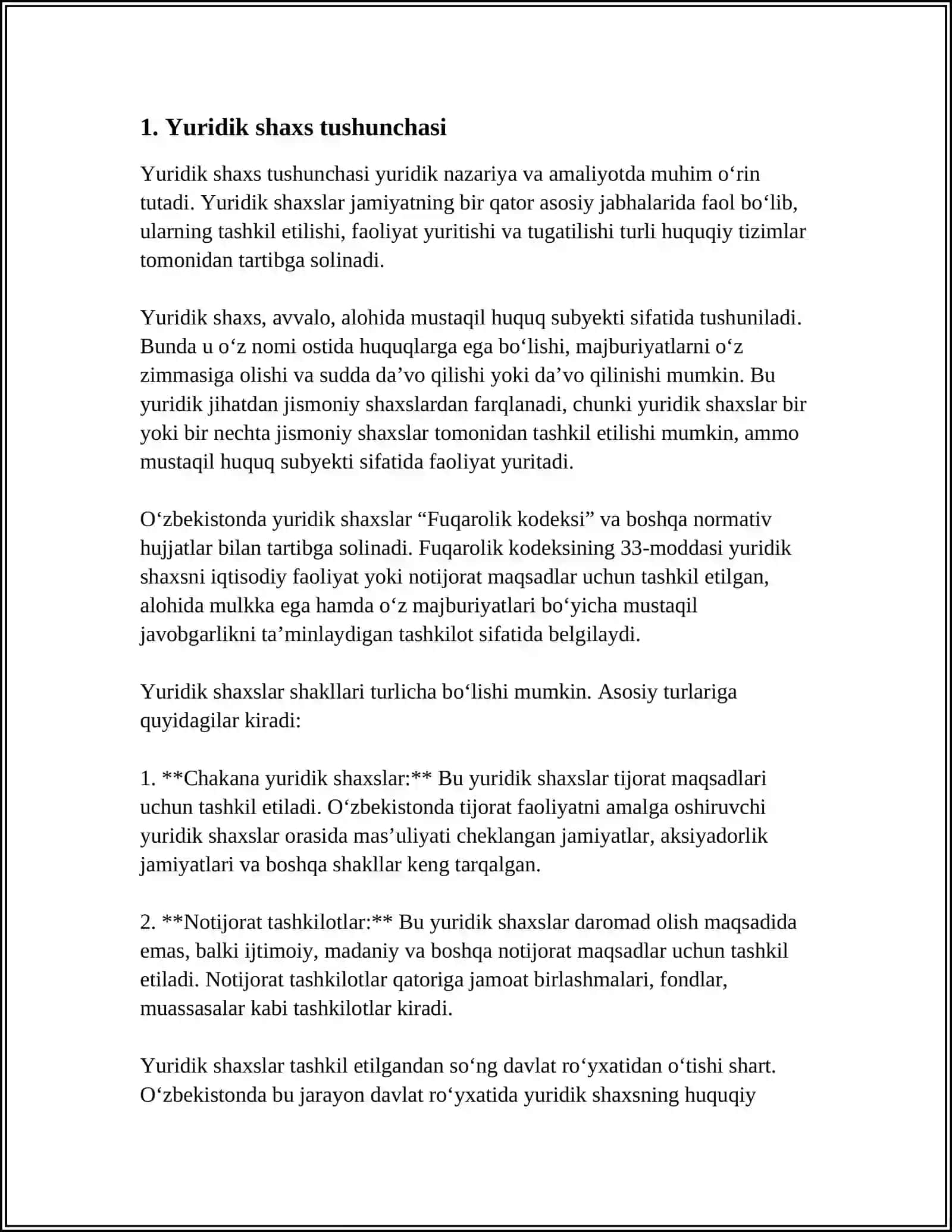 YURIDIK SHAXS TUSHUNCHASI,YURDIK SHAXSLARNI SOLIQQA TORTISH 3