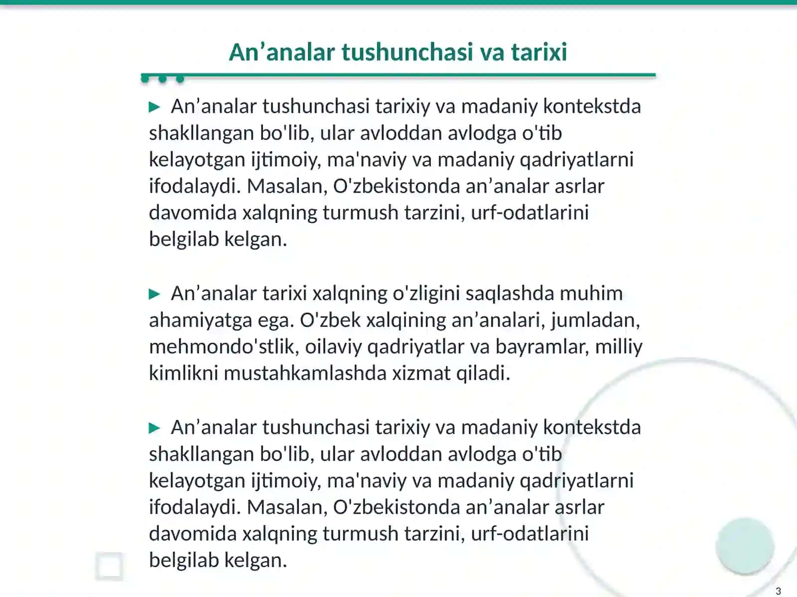 Anʼanalar va ularning shakilanishi.Jangavor anʼanalarning yoshlar tarbiyasidagi ahamyati 3