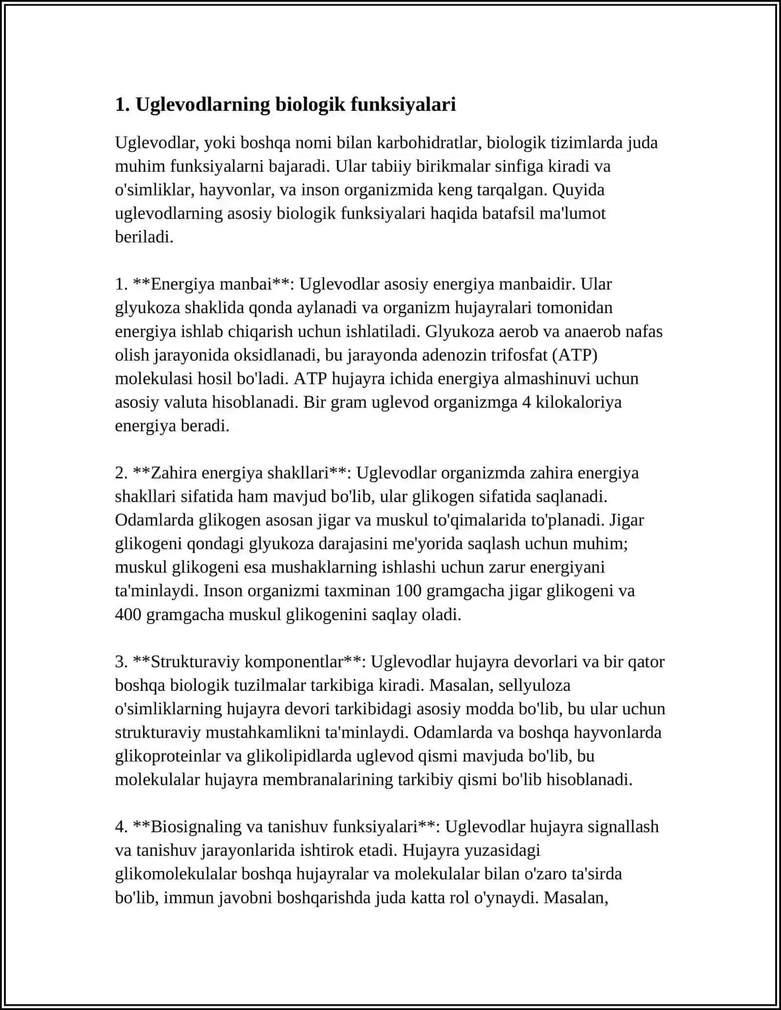 MUSTAQIL ISH Mavzu: UGLEVODLARNING BIOLOGIK ROLI VA MANBALARI 3