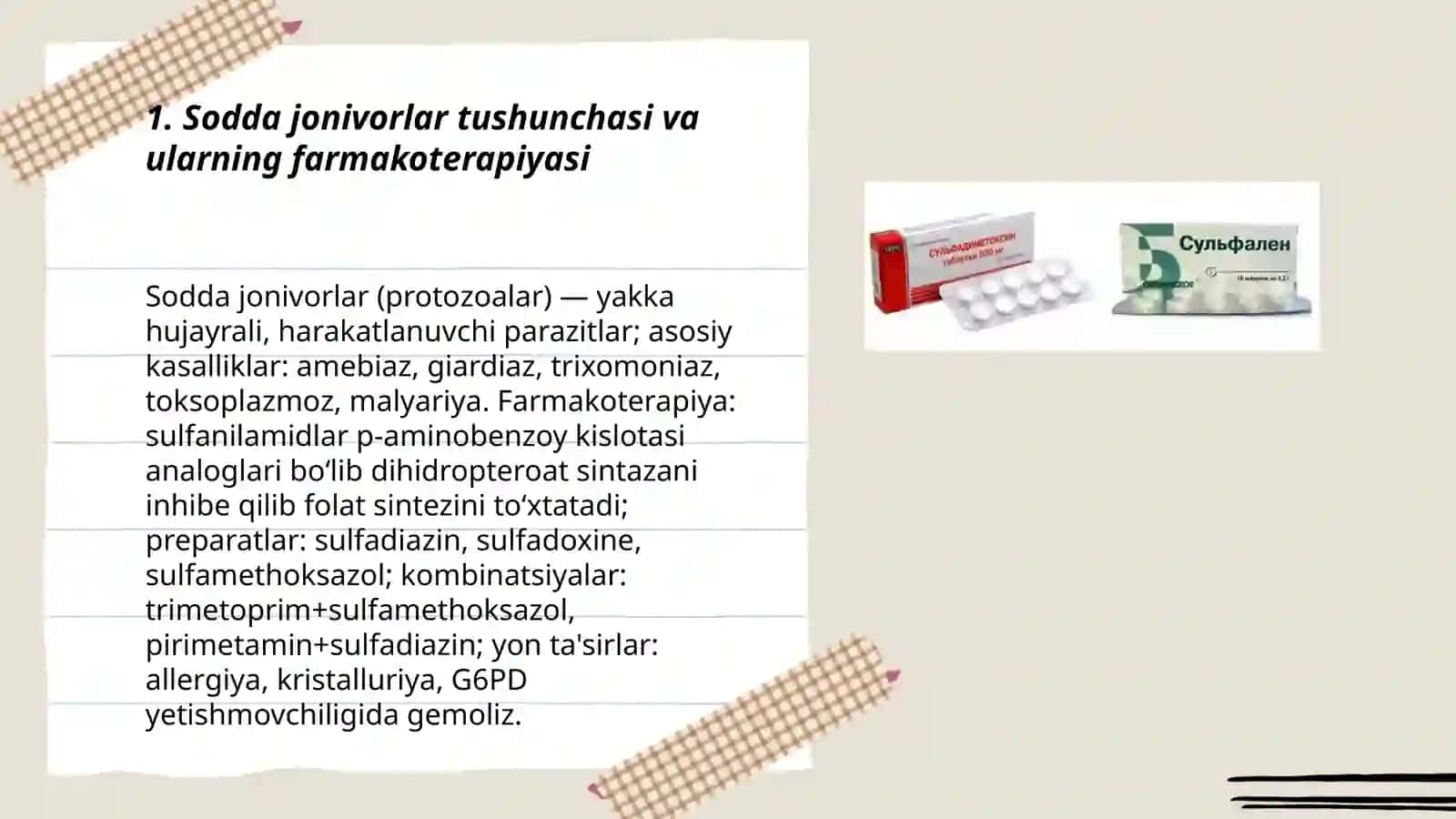 Sodda jonivorlarga qarshi dori vositalar. Sulfanilamid preparatlar 3