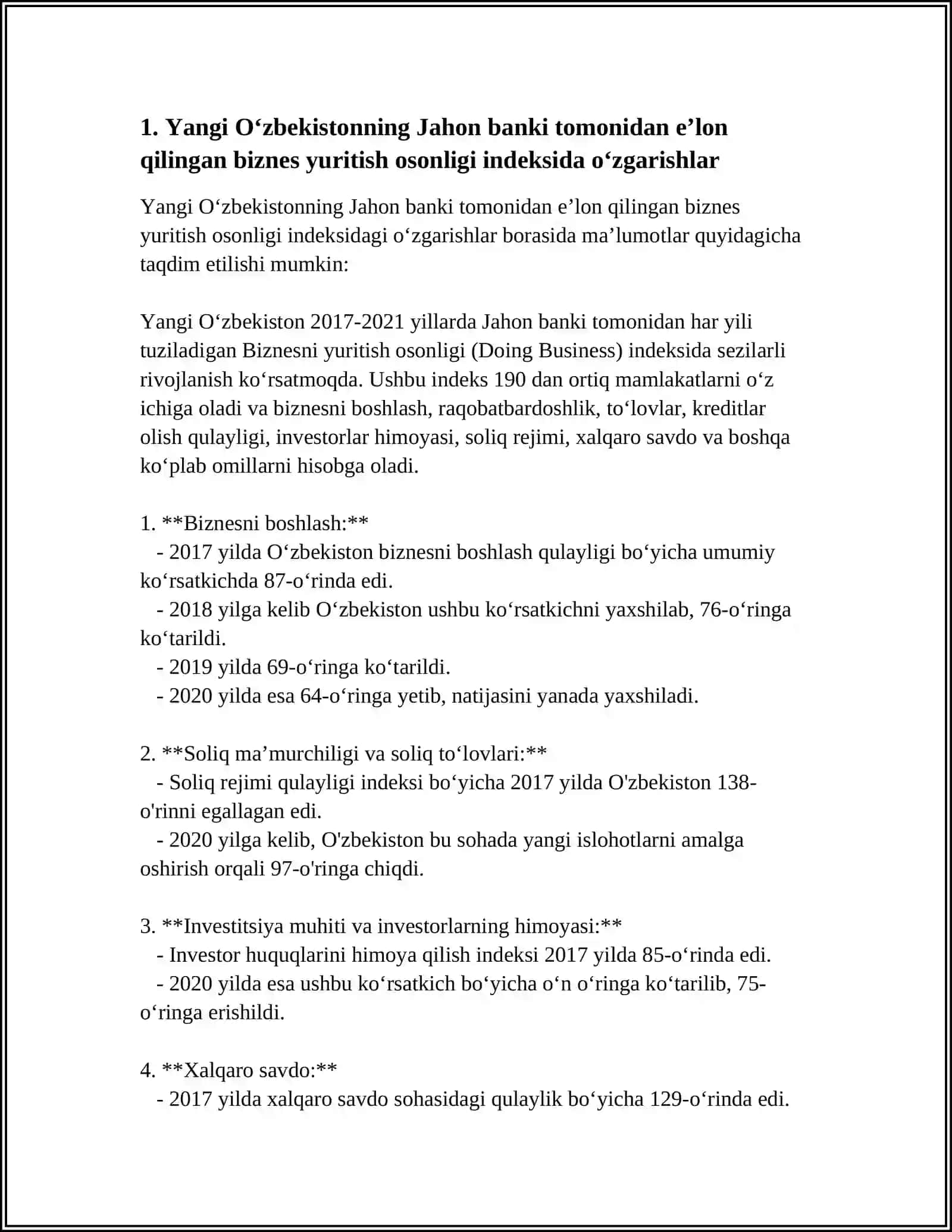 YANGI OʻZBEKISTON IJTIMOIY-SIYOSIY IQTISODIY VA MADANIY HAYOTIDA ROʻY BERAYOTGAN OʻZGARISHLARNING XALQARO REYTING VA INDEKSLARDA AKS ETISHI 3