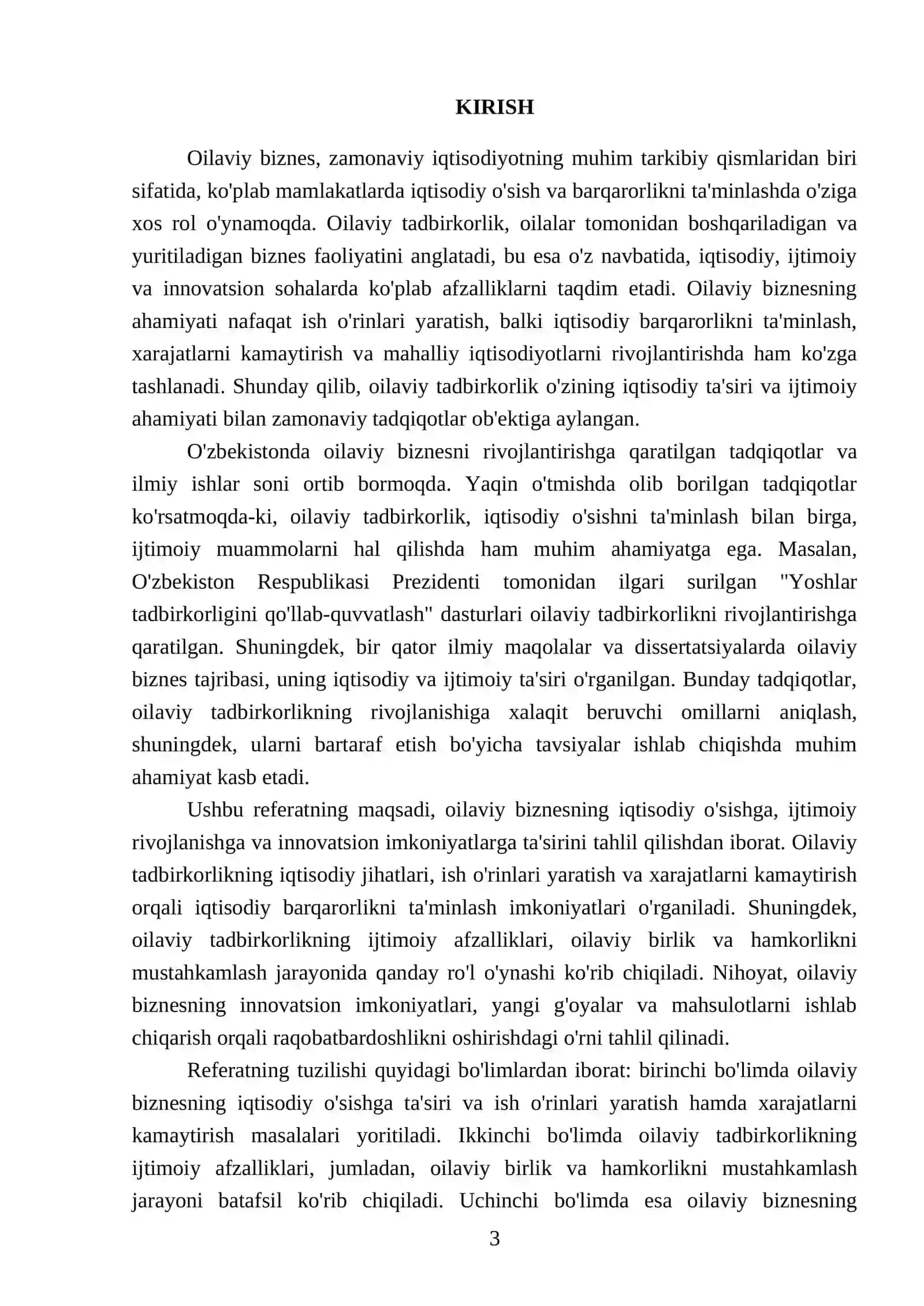 Oilaviy biznesning iqtisoddagi roʻli - oilaviy tadbirkorlikning afzalliklari REFERATI 3