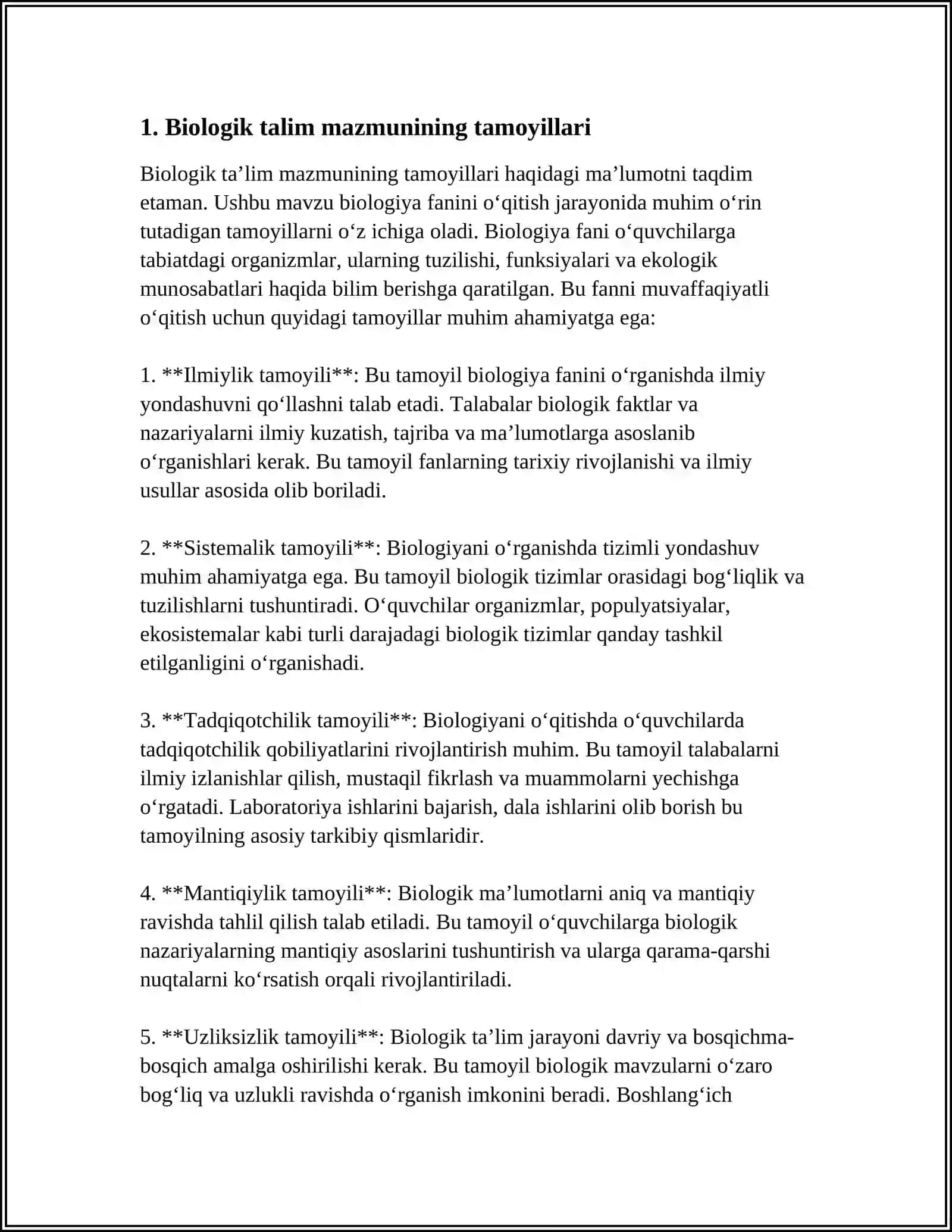 BIOLOGIK TALIM MAZMUNI, METODLARI, VOSITALARI VA SHAKLLARINING UYĜUNLIGI 3