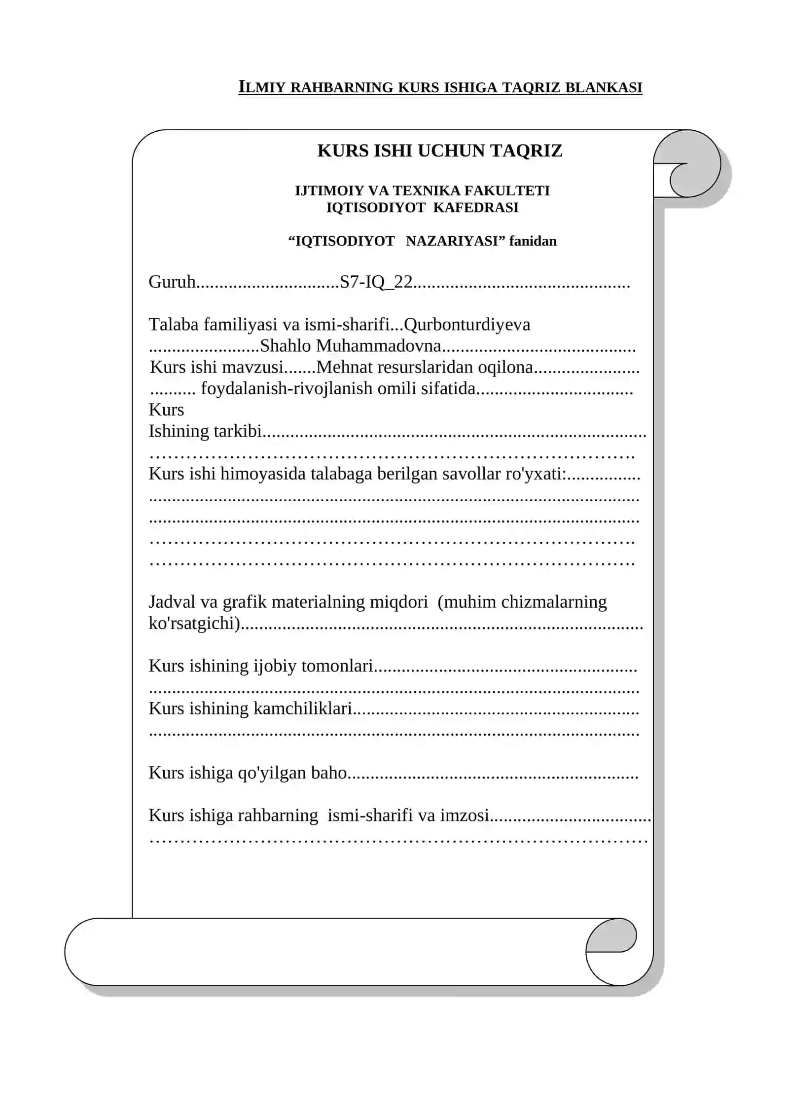 Kurs ishi titul varag’ini rasmiylashtirish bo’yicha namuna 3