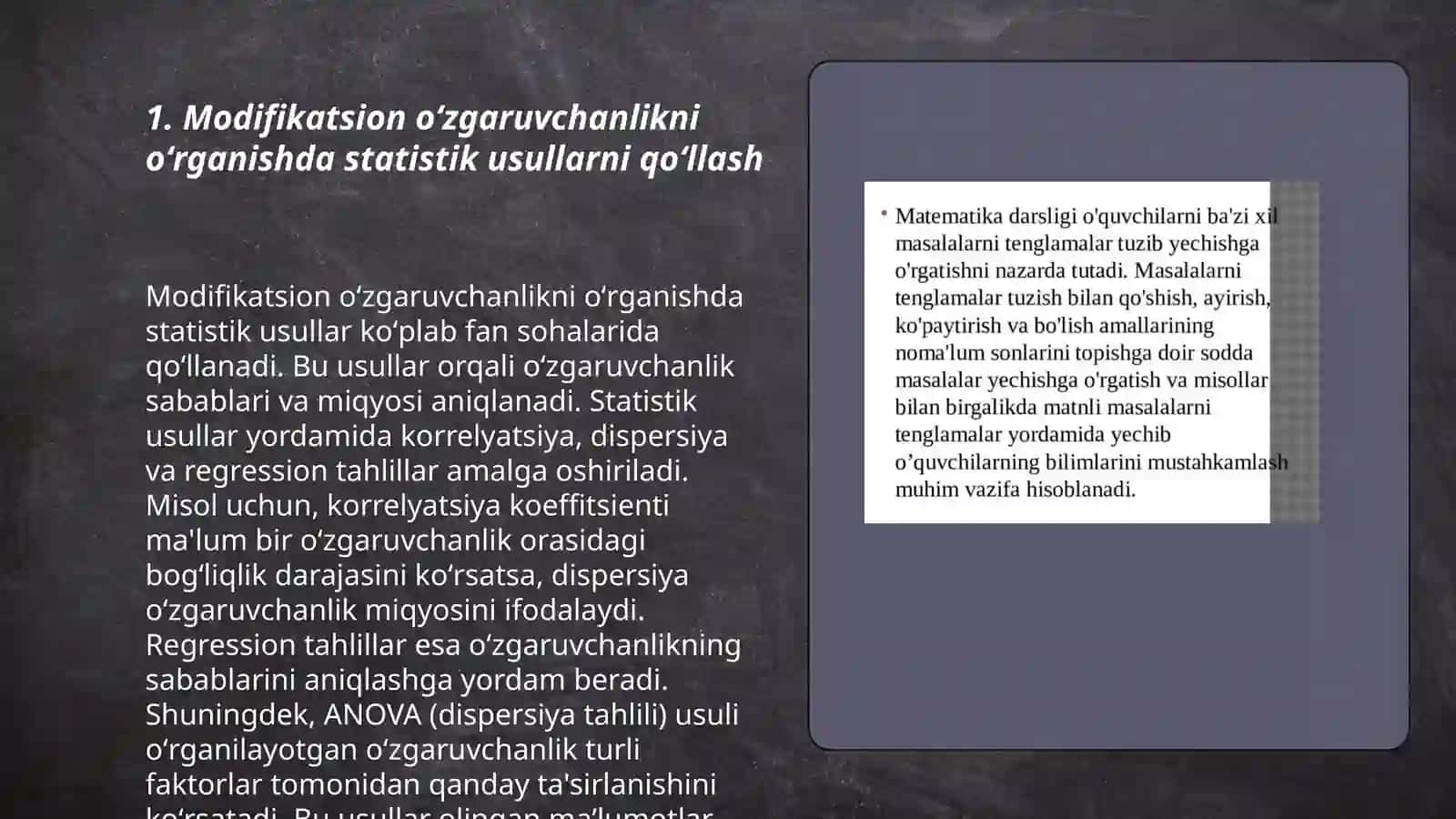 Modifikatsion oʻzgsruvchanlikni statistik usulda oʻrganishga oid masala va mashqlar tuzish 3