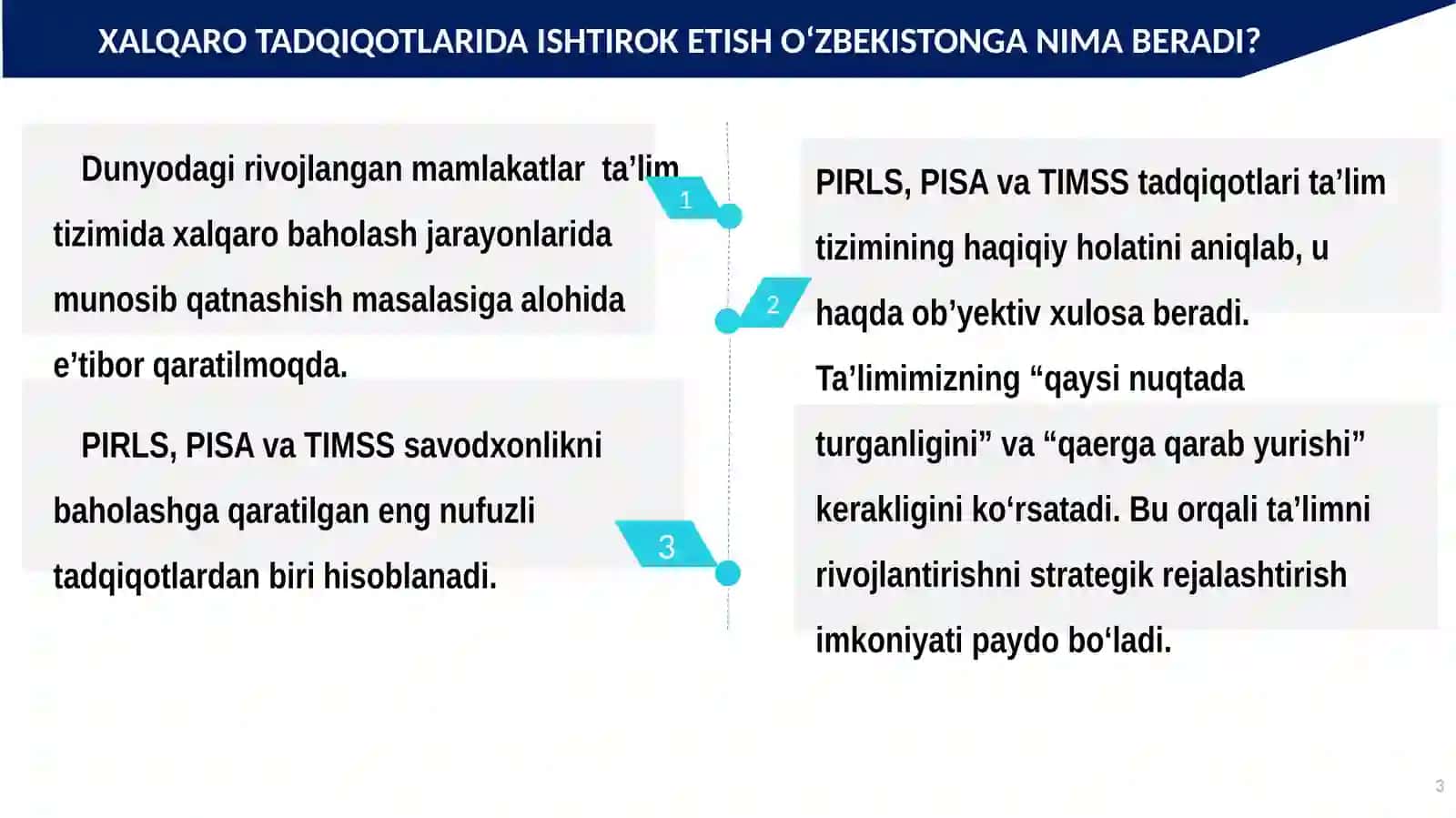 XALQARO BAHOLASH DASTURLARI (PIRLS, PISA VA TIMSS) TALABLARI ASOSIDA TAʼLIM SIFATINI TAKOMILLASHTIRISH 3