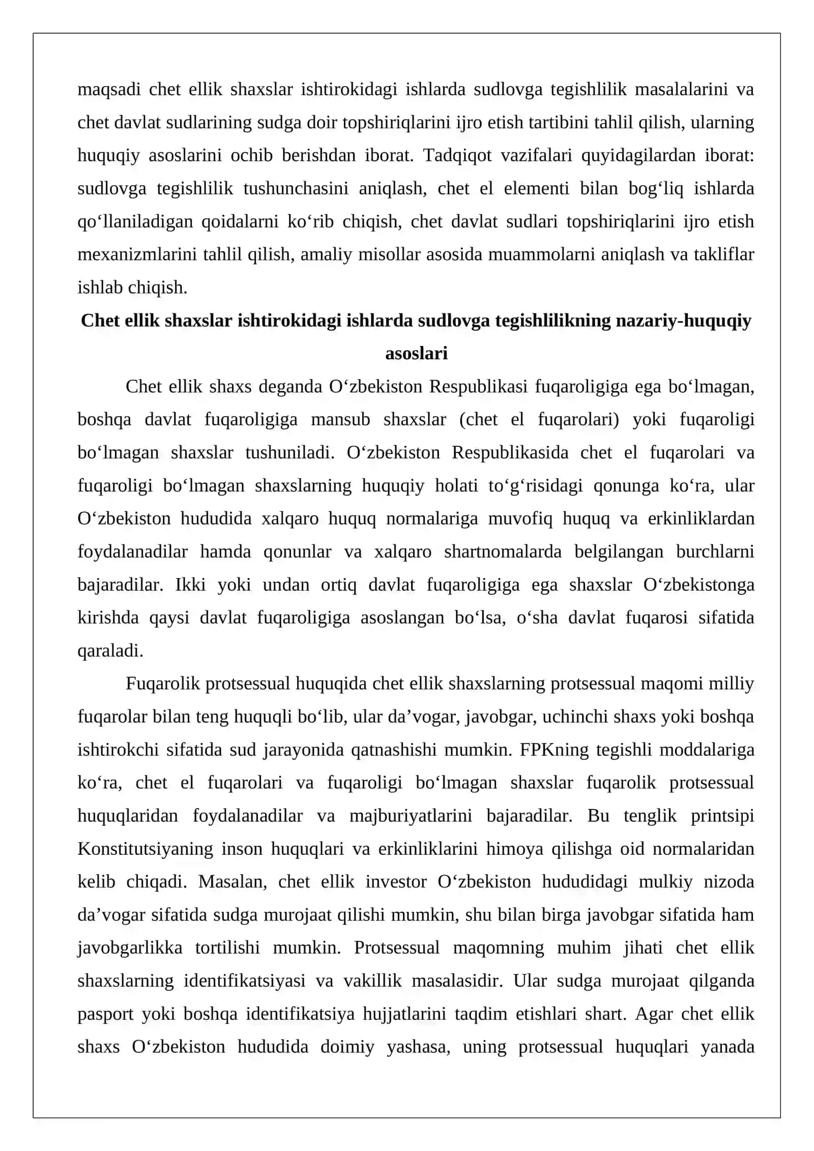 Chet ellik shaxslar ishtirokidagi ishlarni ko‘rishda sudlovga tegishlilik masalalari. Chet davlat sudlarining sudga doir topshiriqlarini ijro etish tartibi 3