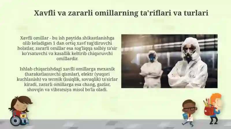 Ishlab chiqarish maydonlarida ishlayotgan ishchilar organizmiga xavfli va zararli omillarni ta‘siri 3
