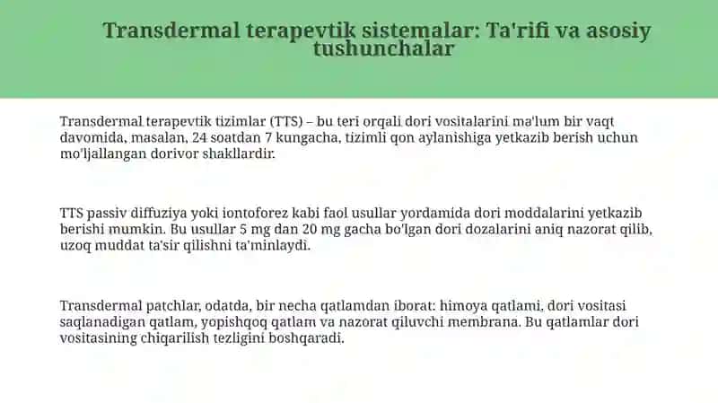 Transdermal terapevtik tizimlar texnologik xususiyatlari 3