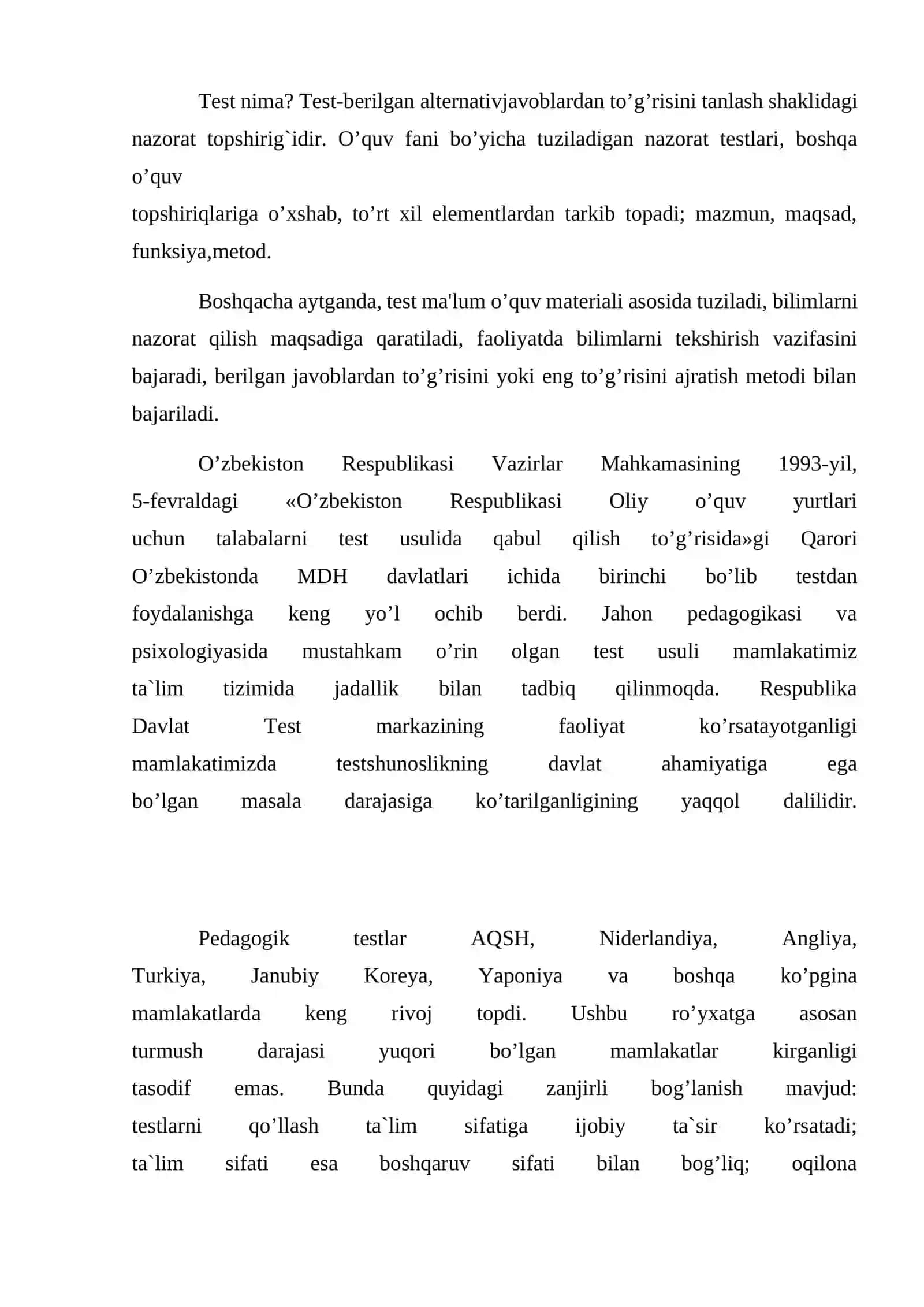 Pedagogik testlar, ularning turlari va maqsadi. Pedagogik test mazmuni 3