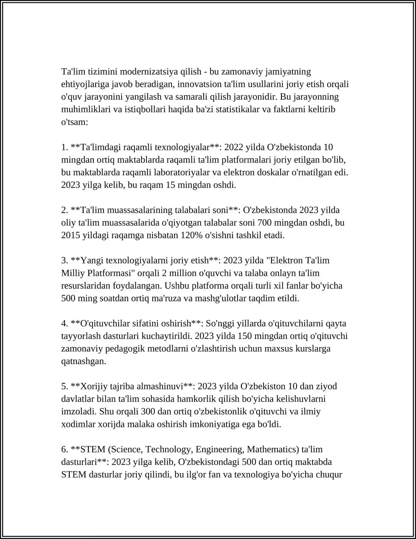 O'zbekiston Respublikasi Xalq Ta'lim Tizimini 2030-yilgacha Rivojlantirish Konsepsiyasida Belgilangan Vazifalar va Kutilayotgan Natijalar Tahlili 3