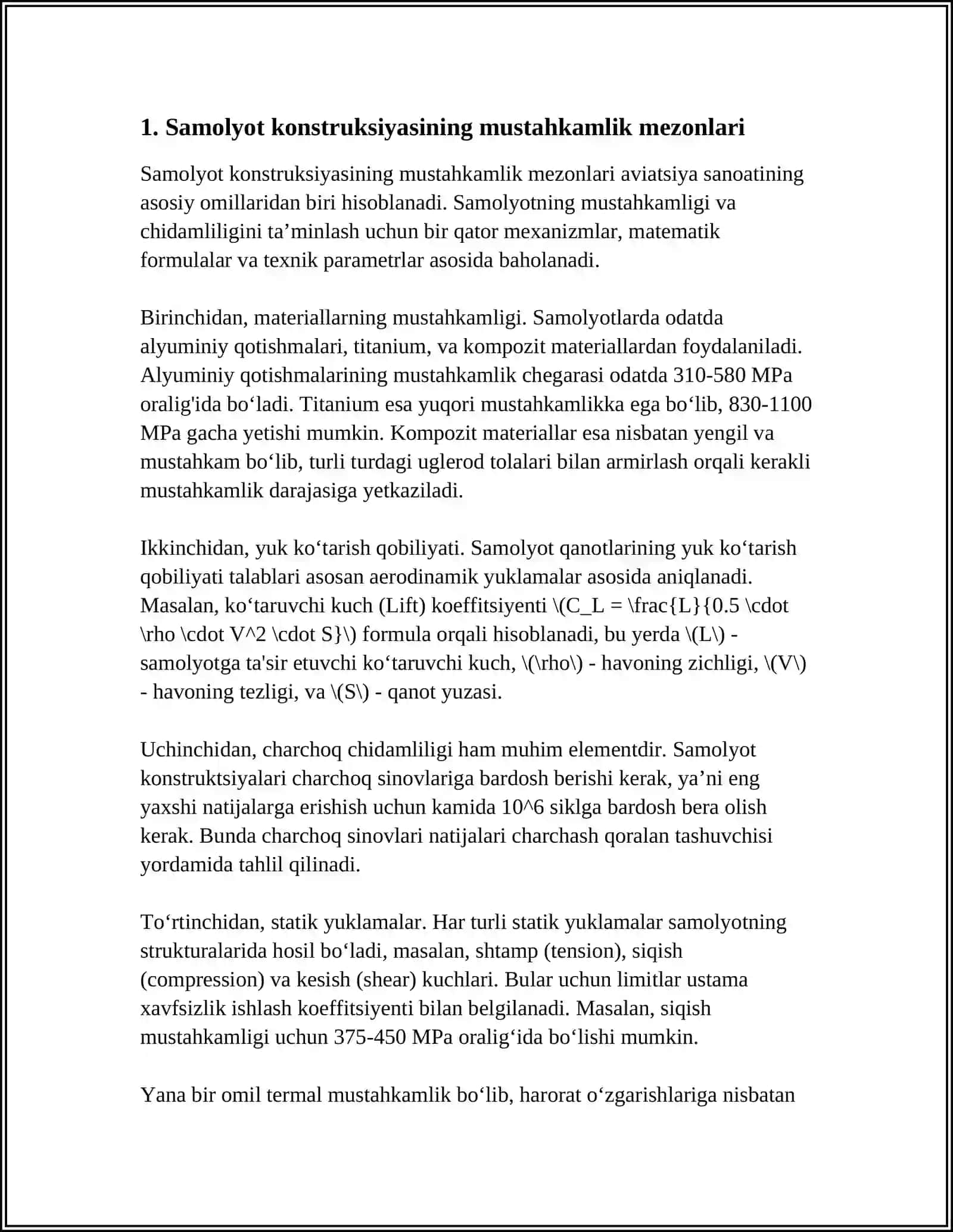 SAMOLYOTNING MUSTAHKAMLIK VA BIKIRLIK ME’YORLARI. PARVOZNING TURLI HOLATLARIDA SAMOLYOTNING XAVFSIZLIK KOEFFITSIENTINI HISOBLASH 3