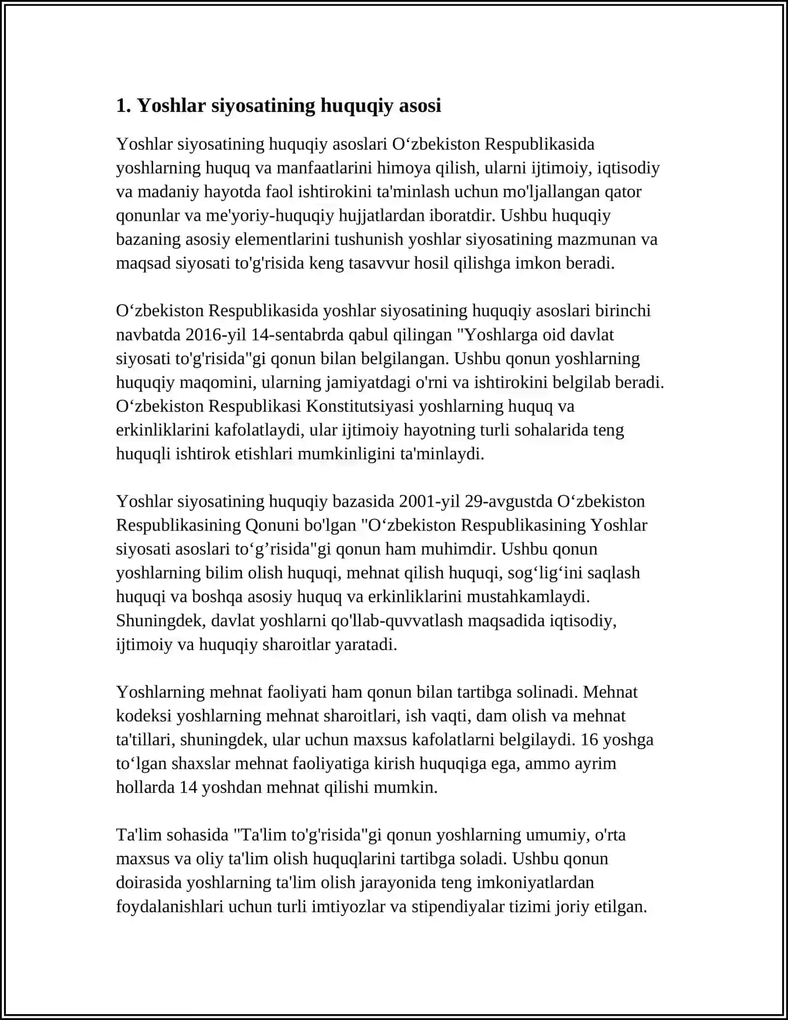 MUSTAQIL ISH Mavzu: O‘ZBEKISTON RESPUBLIKASINING YOSHLARGA OID SIYOSATI 3