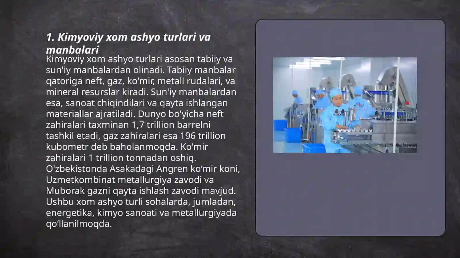 Kimyoviy ishlab chiqarish sanoati uchun respublika xom ashyo bazasini oʻrganish 3