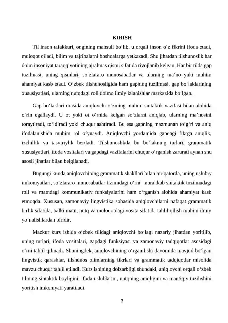 Oʻzbek tilida aniqlovchilar (Erkin Vohidov asarlarida). 3