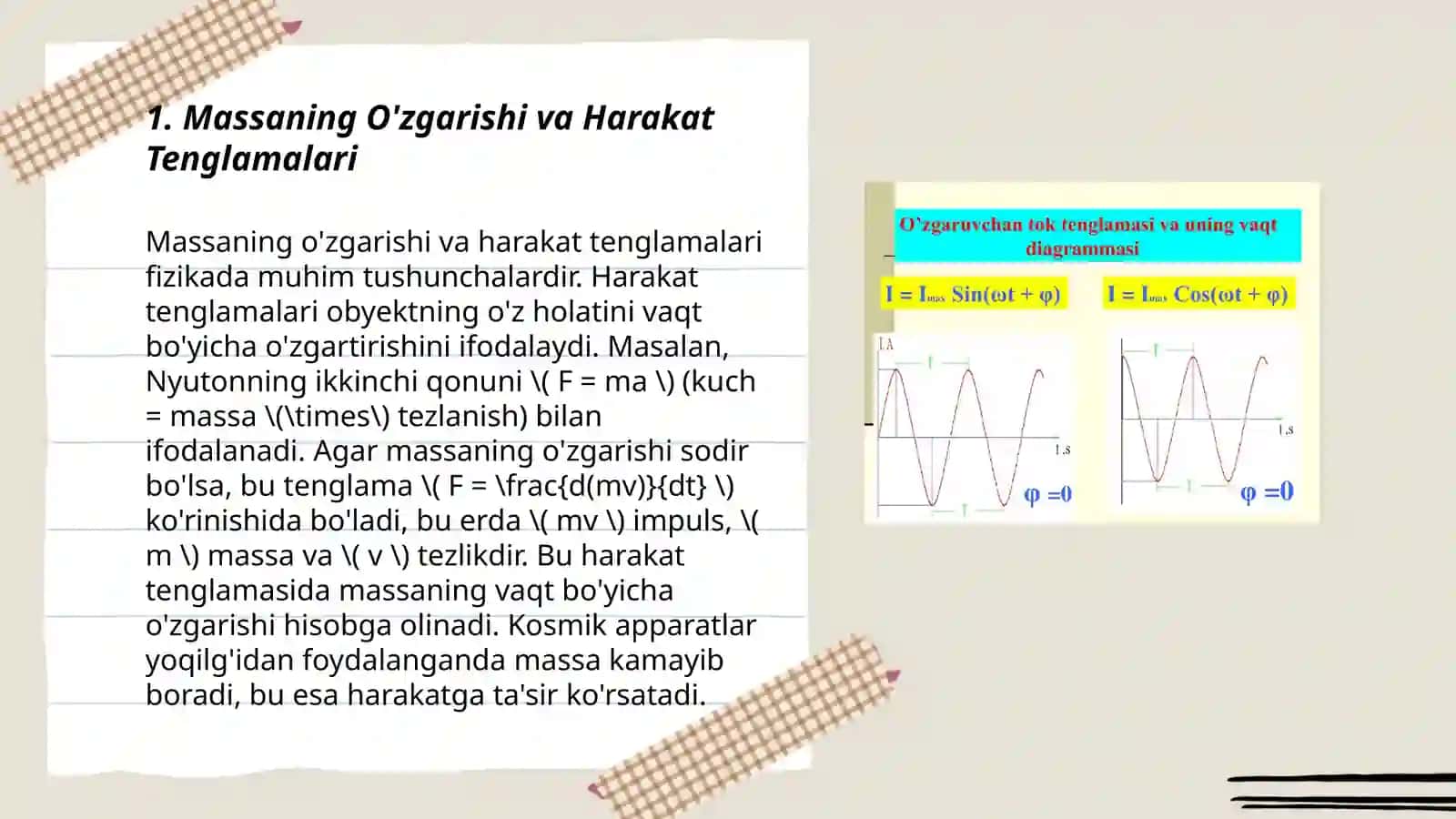 Massaning O'zgarishi va Harakat Tenglamalari 3