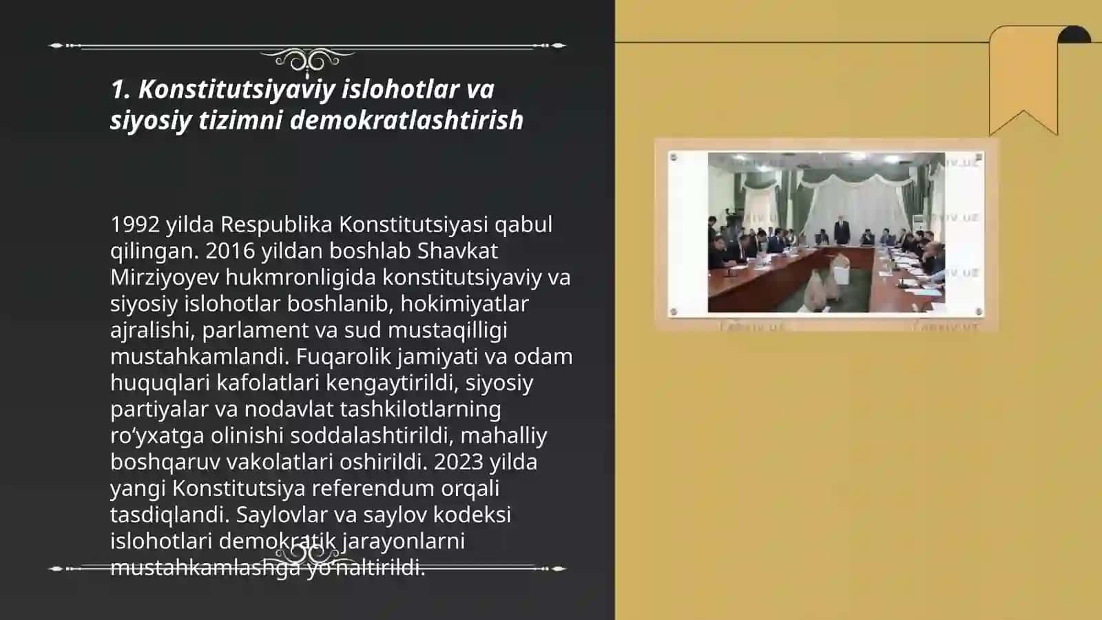 Oʻzbekistonda demokratik, fuqarolik jamiyati asoslarining shakllanishi amalga oshirilgan siyosiy islohotlar 3