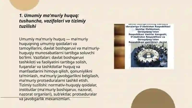 Umumiy ma'muriy huquq tizimi, ma'muriy huquqning boshga huquq sohalari bilan o'zaro alogasi mexanizmi. Qiyosiy mamuriy huquq Muradullaev Otabek 3