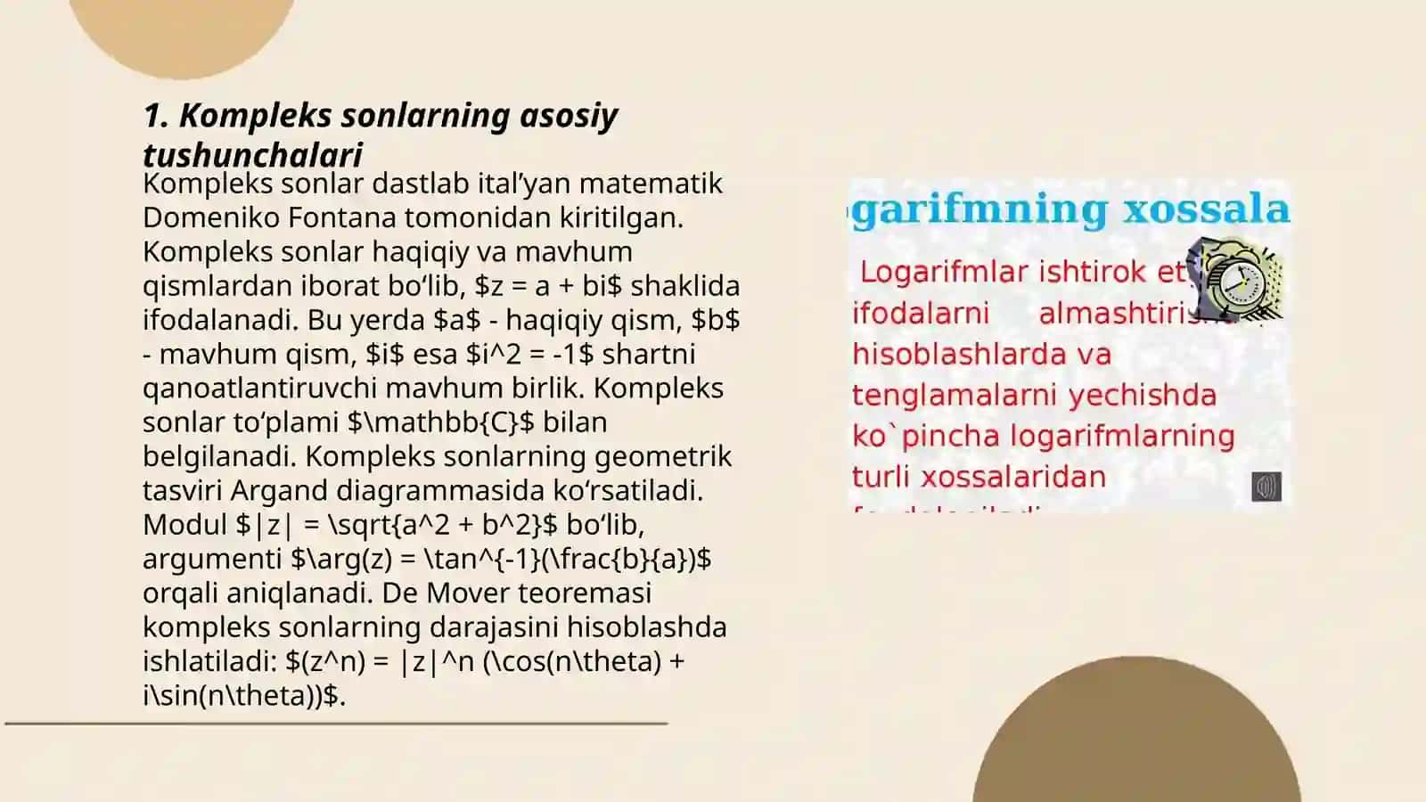 Kompleks òzgaruvchining kòrsatkichli va logarifmik funksiyalari 3