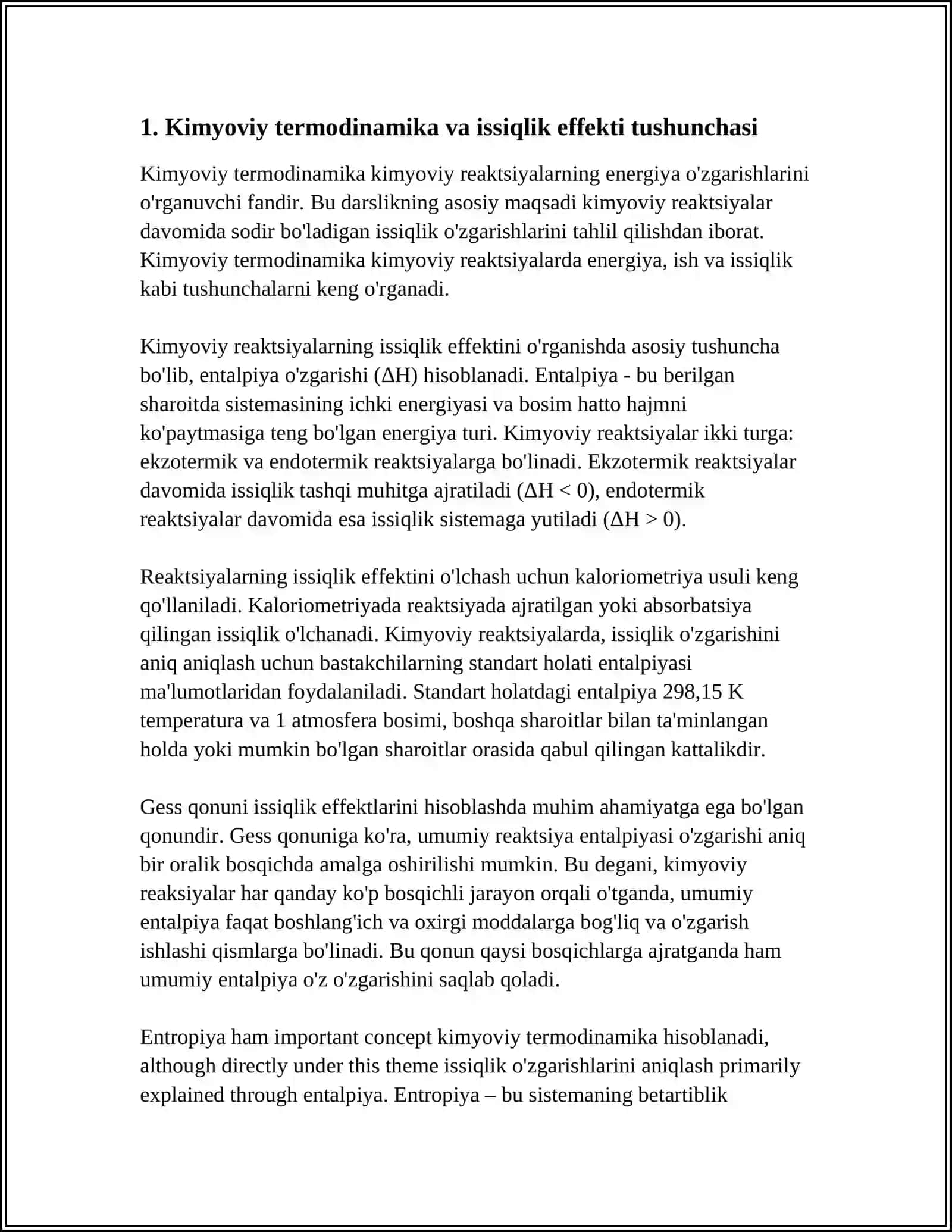 KIMYOVIY TERMODINAMIKA. KIMYOVIY REAKSIYALARNING ISSIQLIK EFFEKTINI ANIQLASH 3