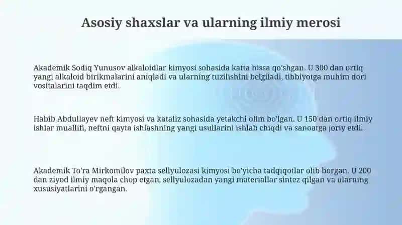 Kimyo fanini rivojlantirishida oʻz hissalarini qoʻshgan Oʻzbekiston respublikasi olimlari 3