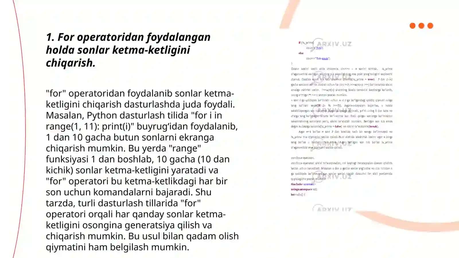 Takrorlanuvchi algoritmlarni dasturlash ( for operatori) 3
