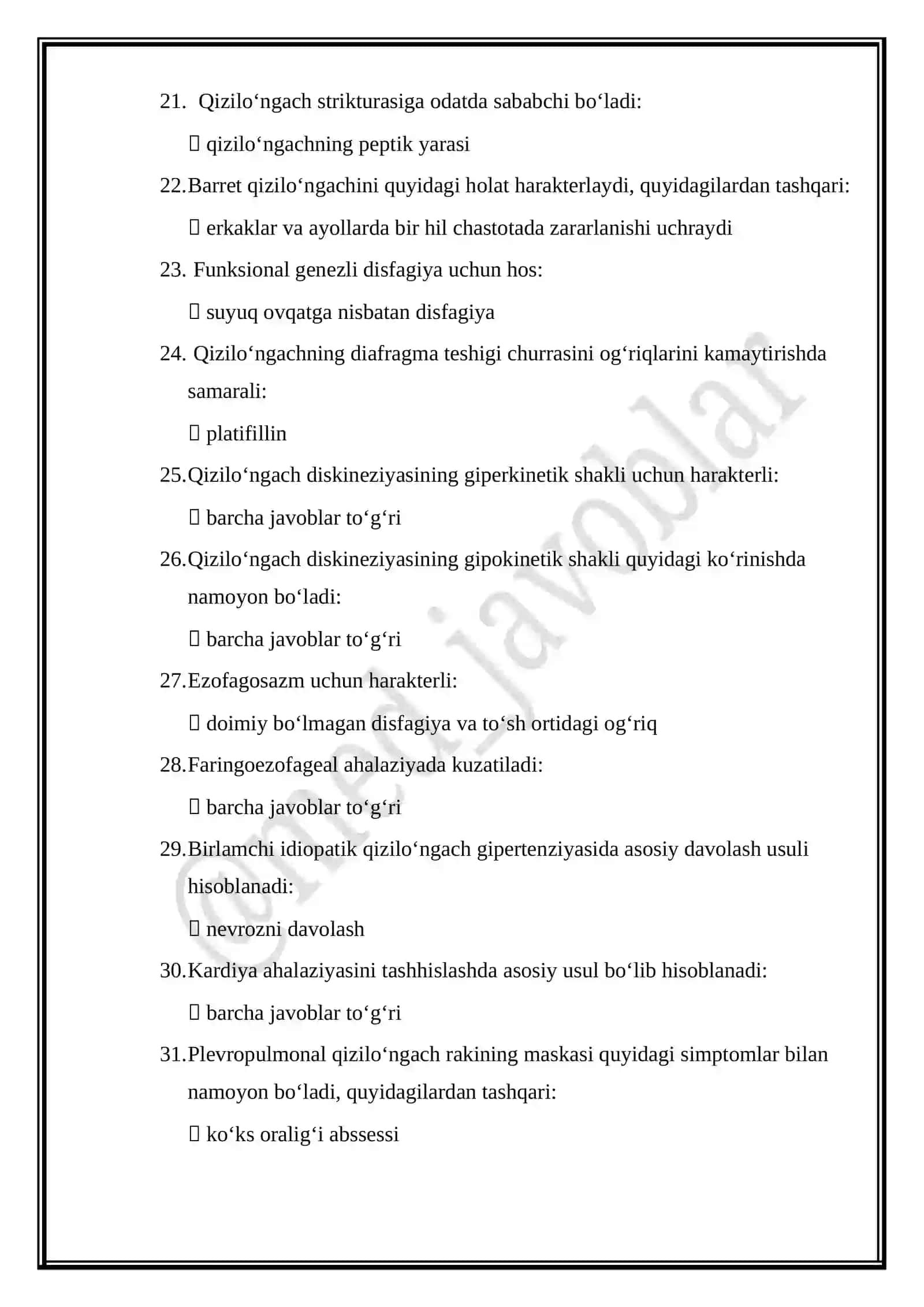 Gastroenterologiya mutaxassisligi boʻyicha shakllantirilgan test savollari roʻyxati 3