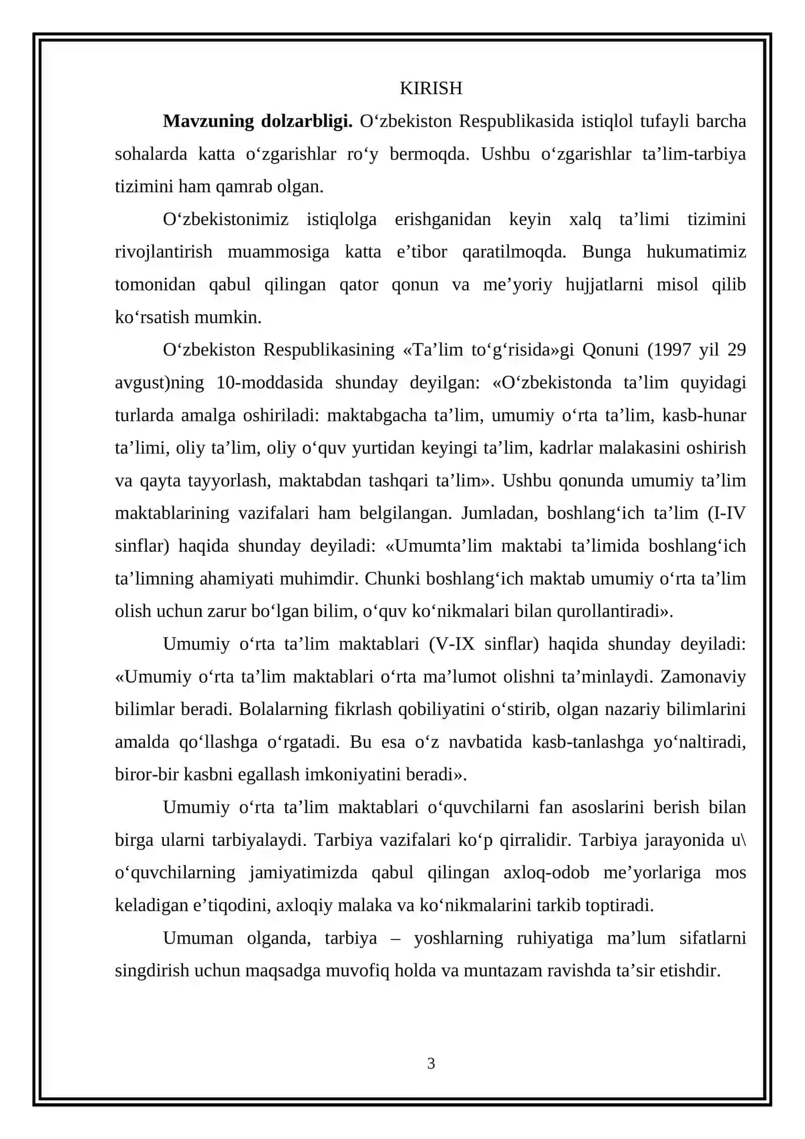 “O‘QUVCHILAR BILAN SINFDAN VA MAKTABDAN TASHQARI TARBIYAVIY ISHLAR” MAVZUSIDAGI KURS ISHI 3