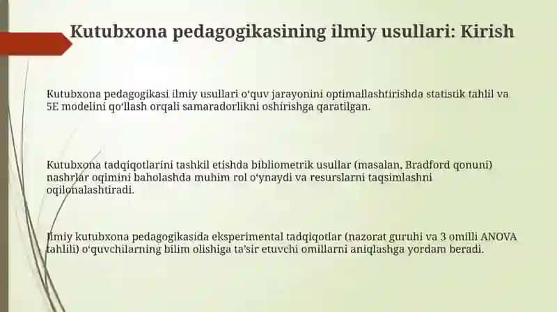 Kutubxona pedagogikasi fanining ilmiy usullari va kutubxonachilik tadqiqotlarini tashkil etish 3