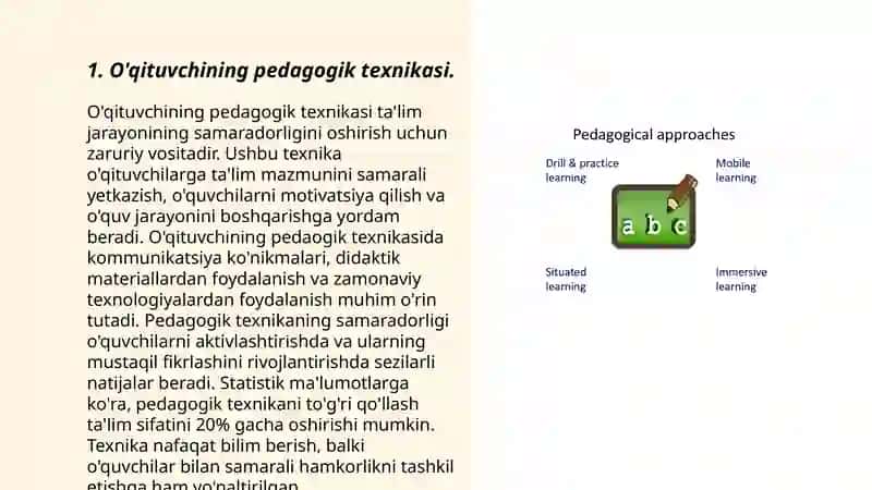 O'qituvchining pedagogik texnikasi va uning tarkibiy qismlari, pedagogik muloqot, pedagogik takt va muloqot madaniyati, pedagok nutqi va unga qoyiladigan talablar. 3