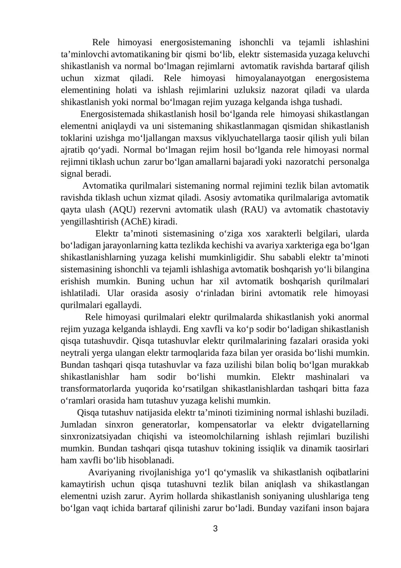 Elektr ta’minoti tarmoqlarida avtomatika va rele himoyasi fanidan kurs ishi topshiriqlar 3
