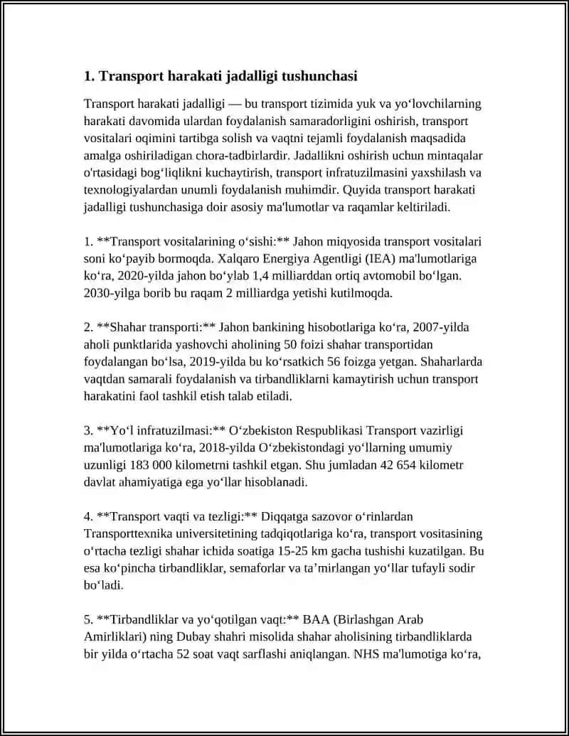 Transport Oqimining Xarakat Jadalligi va Transport Zichlig Ko'rsatkichlarini Aniqlash 3