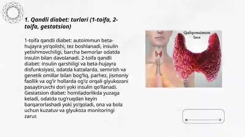 Qandli diabet: turlari (1-toifa, 2-toifa, gestatsion) 3
