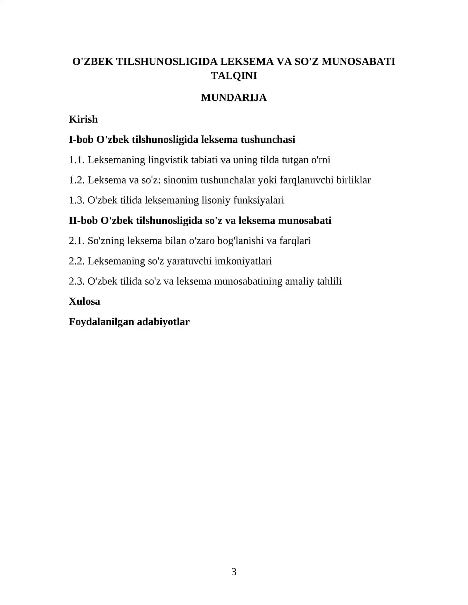 O'zbek tilshunosligida leksema va so'z munosabati talqini kurs ishi 3