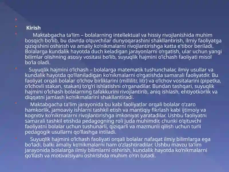 Suyuqlik hajmini o’lchash. (tayorlov guruh) Fan va tabiatning o`quv maqsadi 3