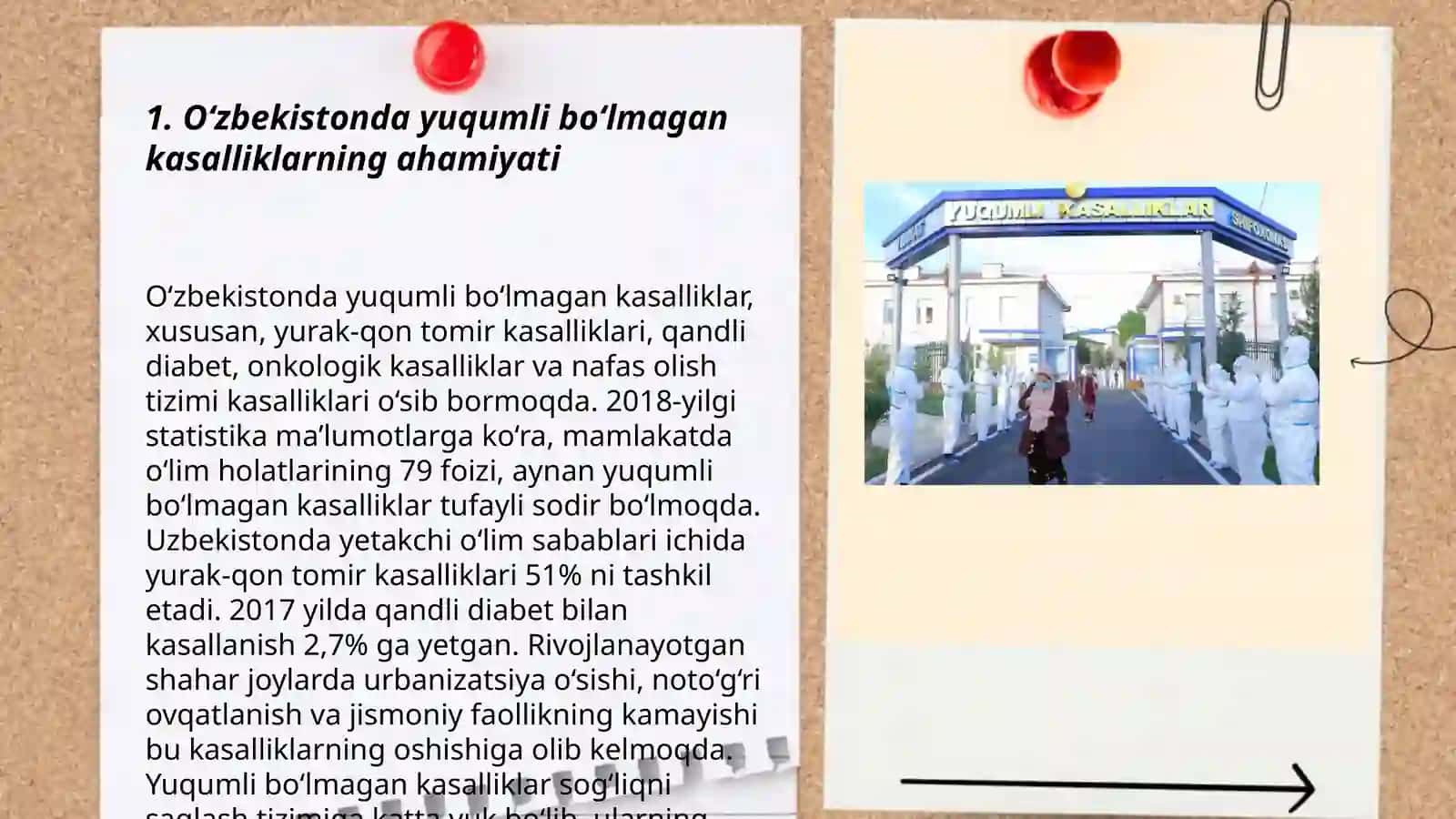 Oʻzbekiston aholisining eng muhim yuqumli boʻlmagan kasalliklari profilaktikasining gigiyenik jihatlari. Davlat profilaktika muassasalarida sanitar va epidemiyaga qarshi tartibni ta'minlashning gigiyenik jihatlari 3