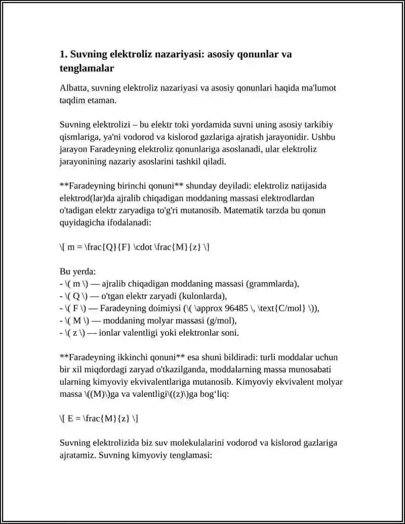 SUVNING ELEKTROLIZLASH JARAYONI NAZARYASI O VA H OLISH 3