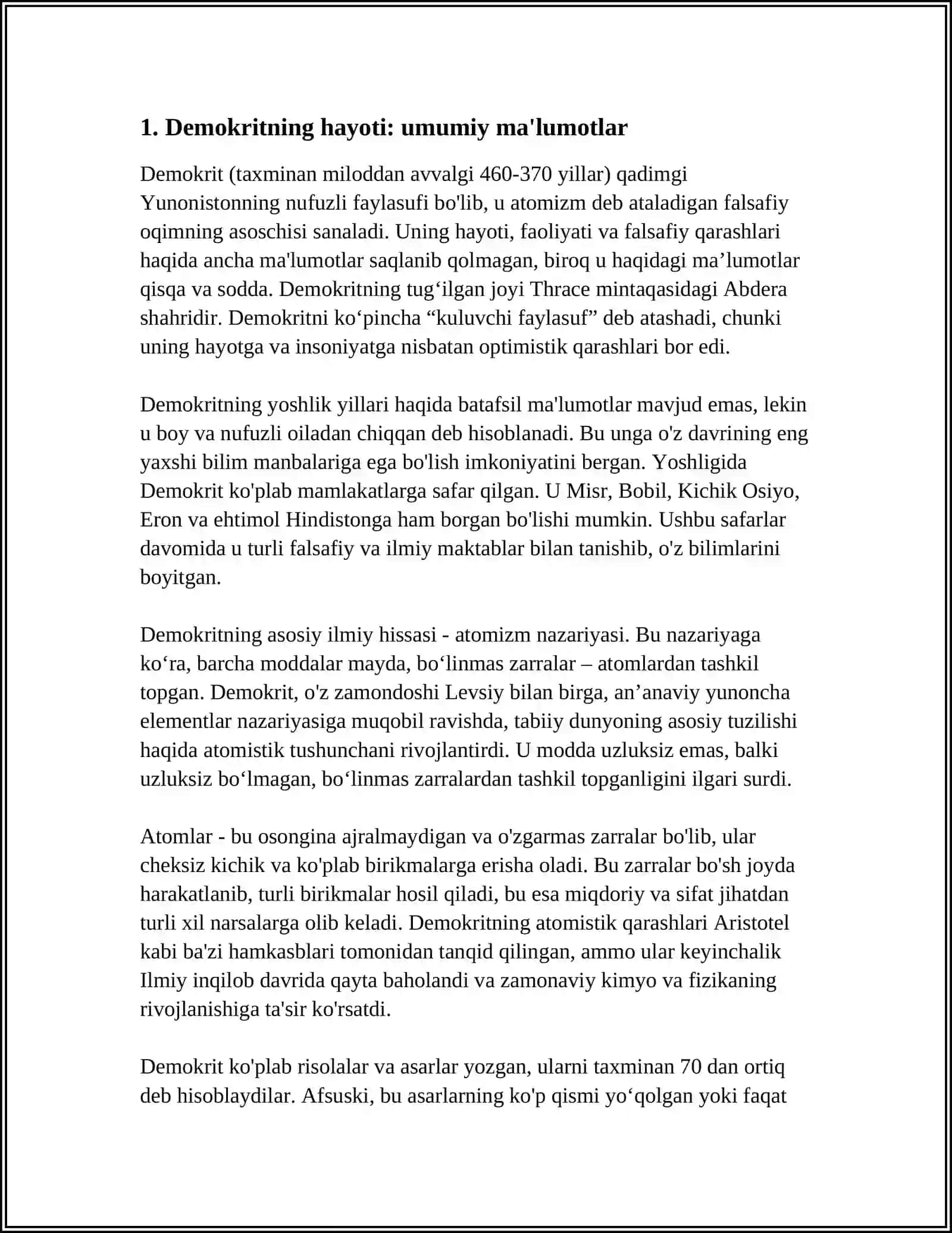 "DEMOKRIT "HAYOTI VA IJODI HAQIDA O'quvchi: USMONOVA XOLIDA 3