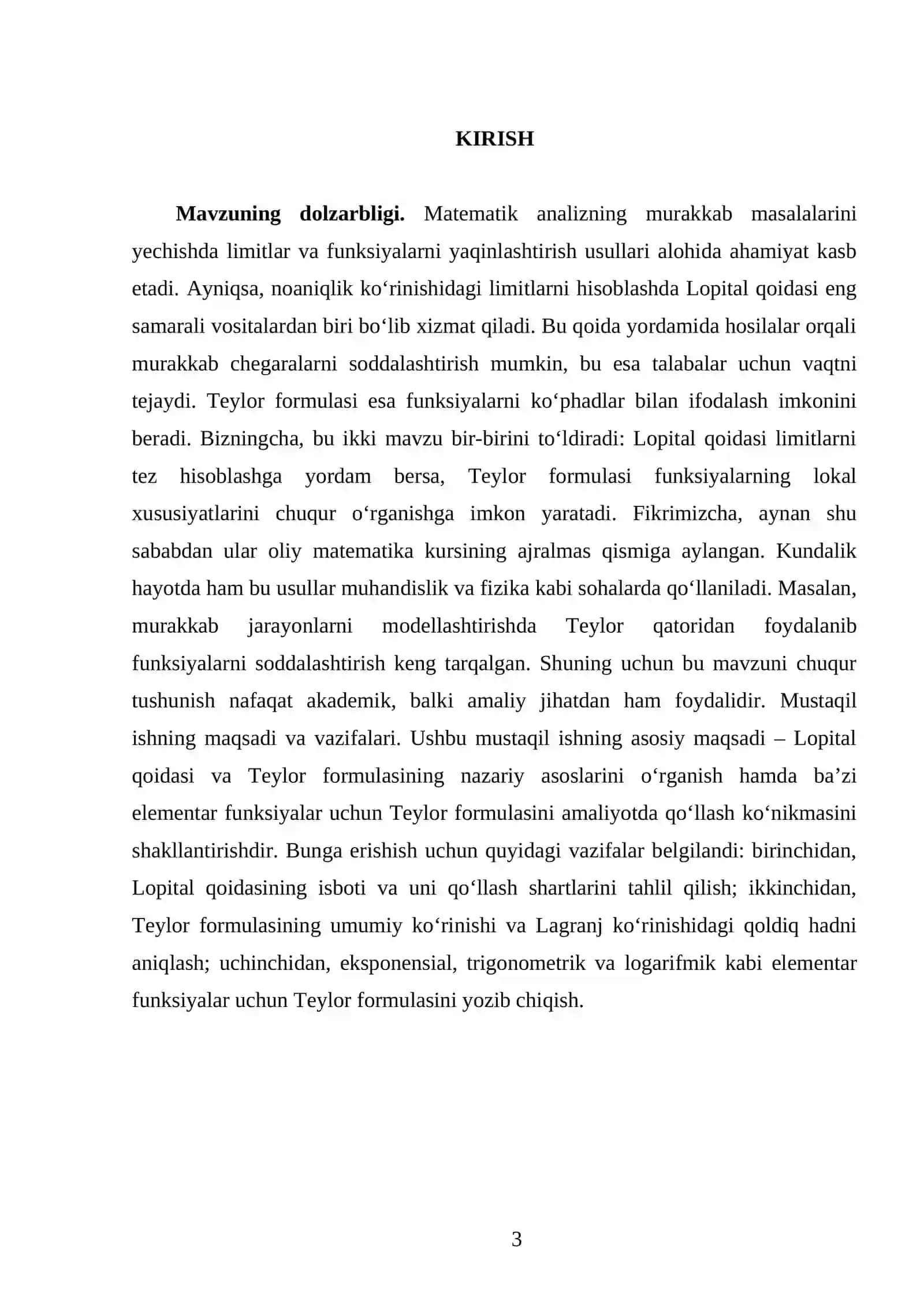 Lopital qoidasi. Teylor formulasi. Ba`zi bir elementar funksiyalar uchun Teylor formulasi 3