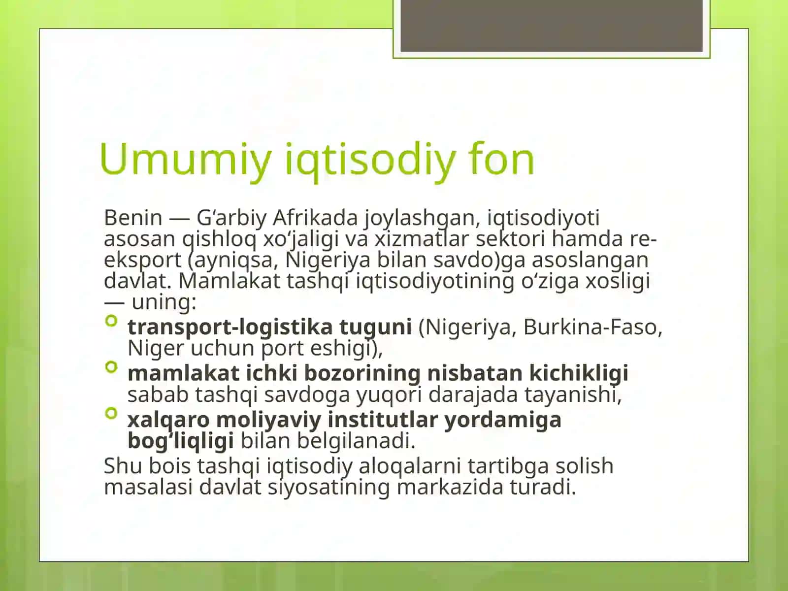 Benin mamlakatining tashqiiqtisodiy aloqalari 3