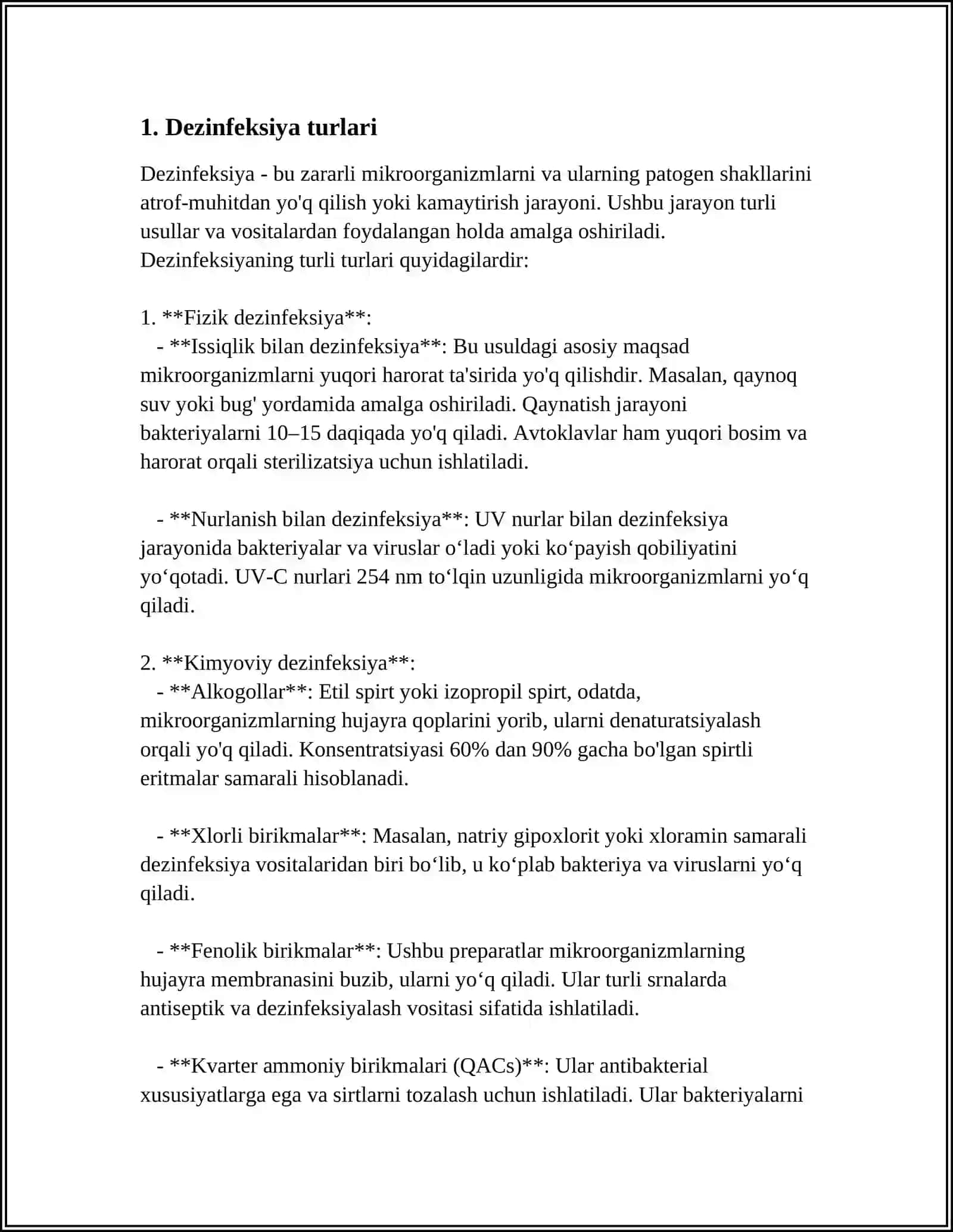 DIZENFEKTSIYA TASNIFI. DIZENFEKTSIYA TURLARI. ASBOB-ANJOMLAR DIZENFEKTSIYASI 3
