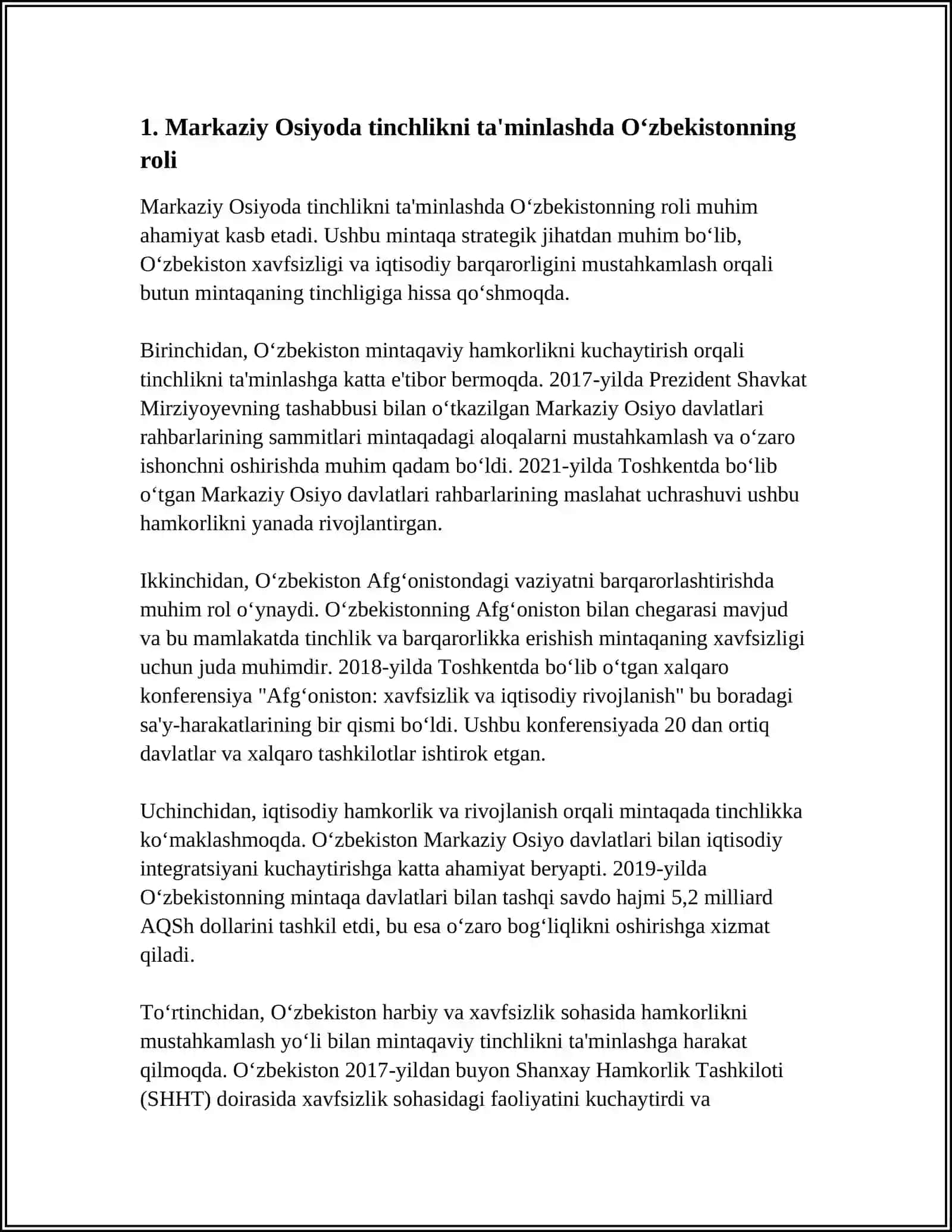 O‘zbekistonning MARKAZIY OSIYODA TINCHLIK VA BARQARORLIKNI TAMIRLASHDAGI O‘RNI 3