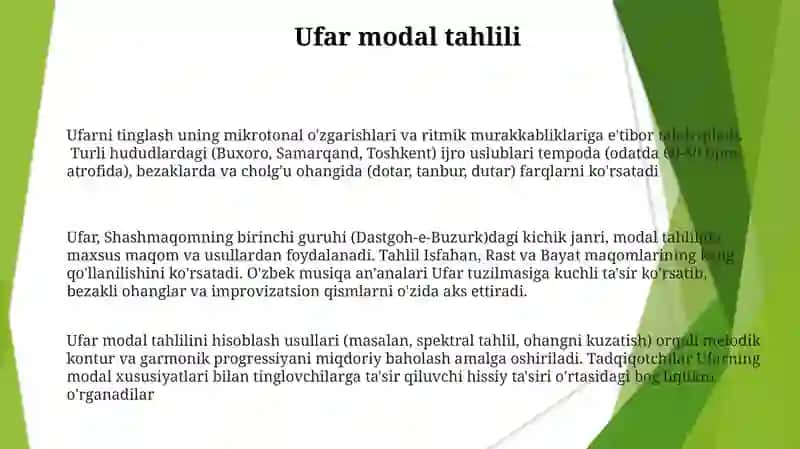 Shashmaqomning birinchi guruh shoʻbalaridan Ufarlarni tinglash va tahlil qilish 3