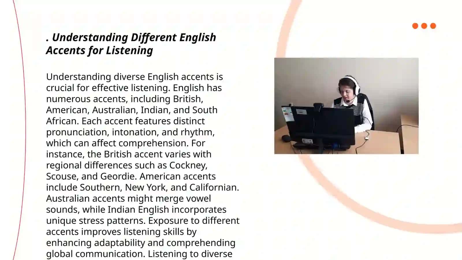 IELTS listening (Tinglab tushunish), reading (O‘qish), speaking (Gapirish) ko‘nikmalarini rivojlantirish haqidagi ma’lumotlarni o‘z ichiga olgan ingliz tilida taqdimot (presentatsiya) tayyorlanadi. Undagi slaydlar soni 20 tadan kam bo‘lmasligi kerak 3